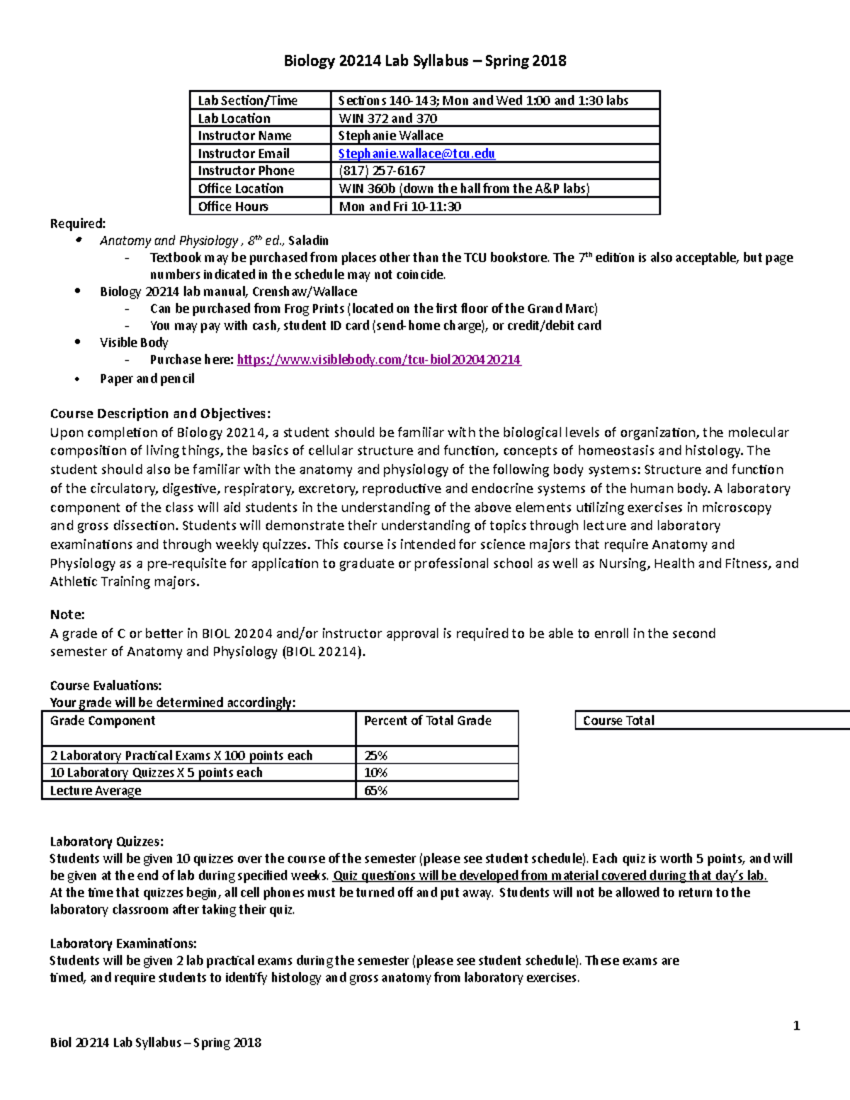 Biol 20214 Lab Syllabus - Spring 2018 with Instructor Wallace - Studocu