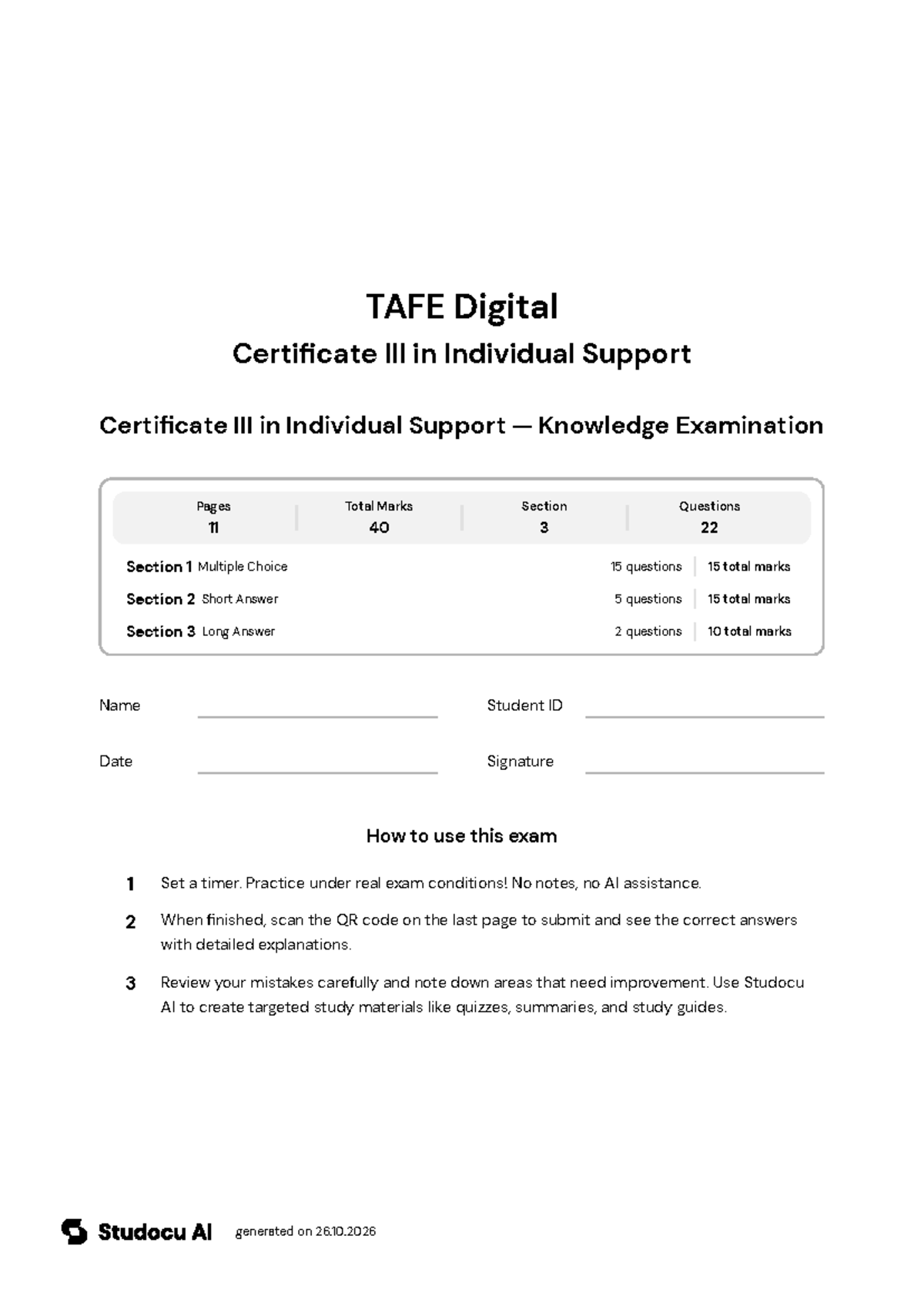 Certificate III in Individual Support - Knowledge Exam - Studocu