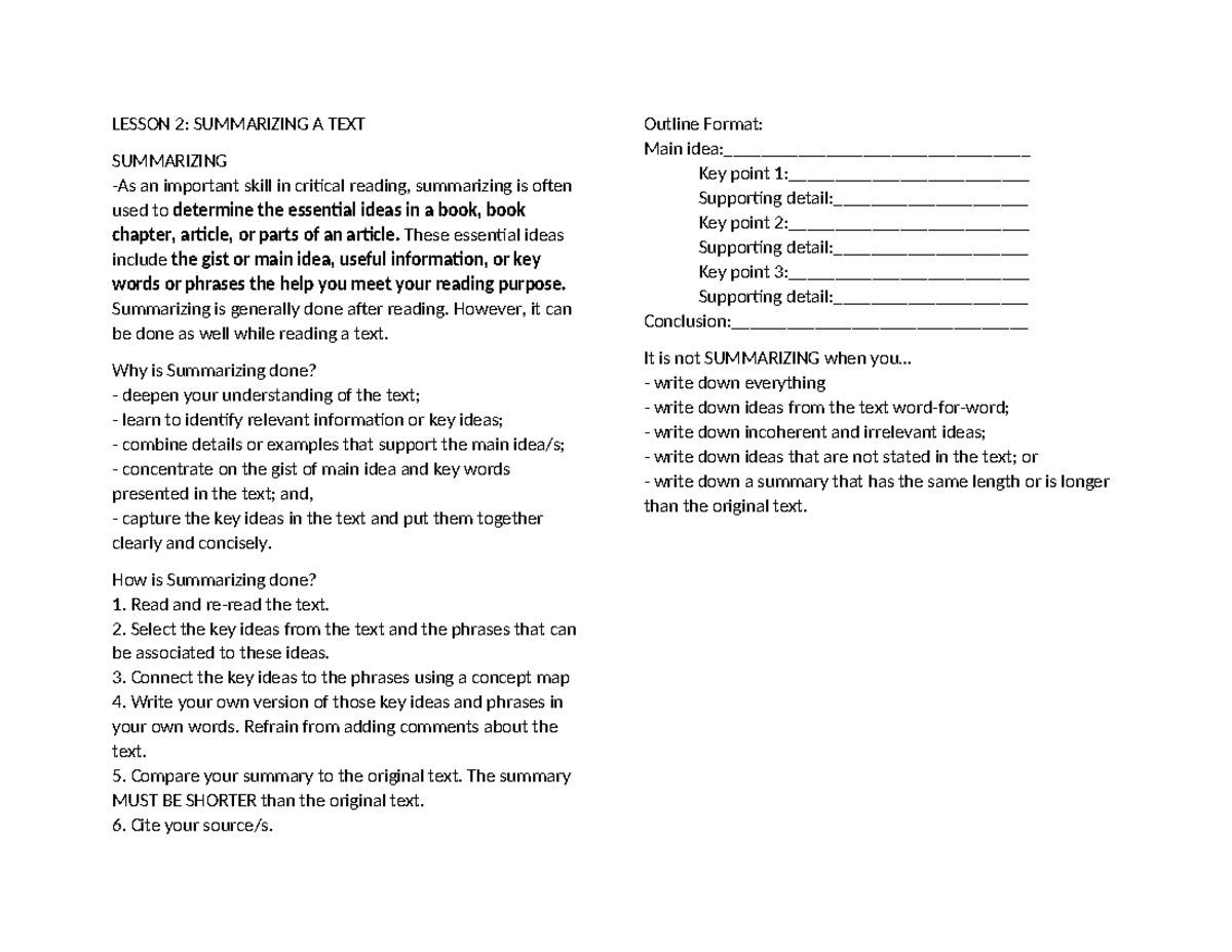 EAPP- Lesson 2: Techniques for Summarizing Texts in Critical Reading ...