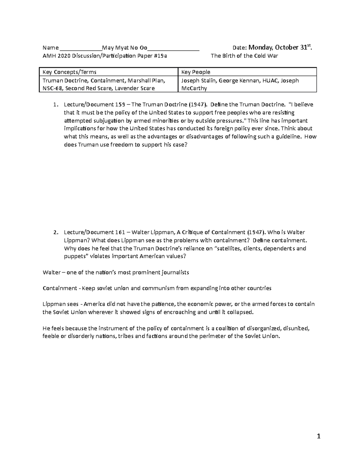 AMH 2020 DP #19a Analysis of the Birth of the Cold War - Studocu