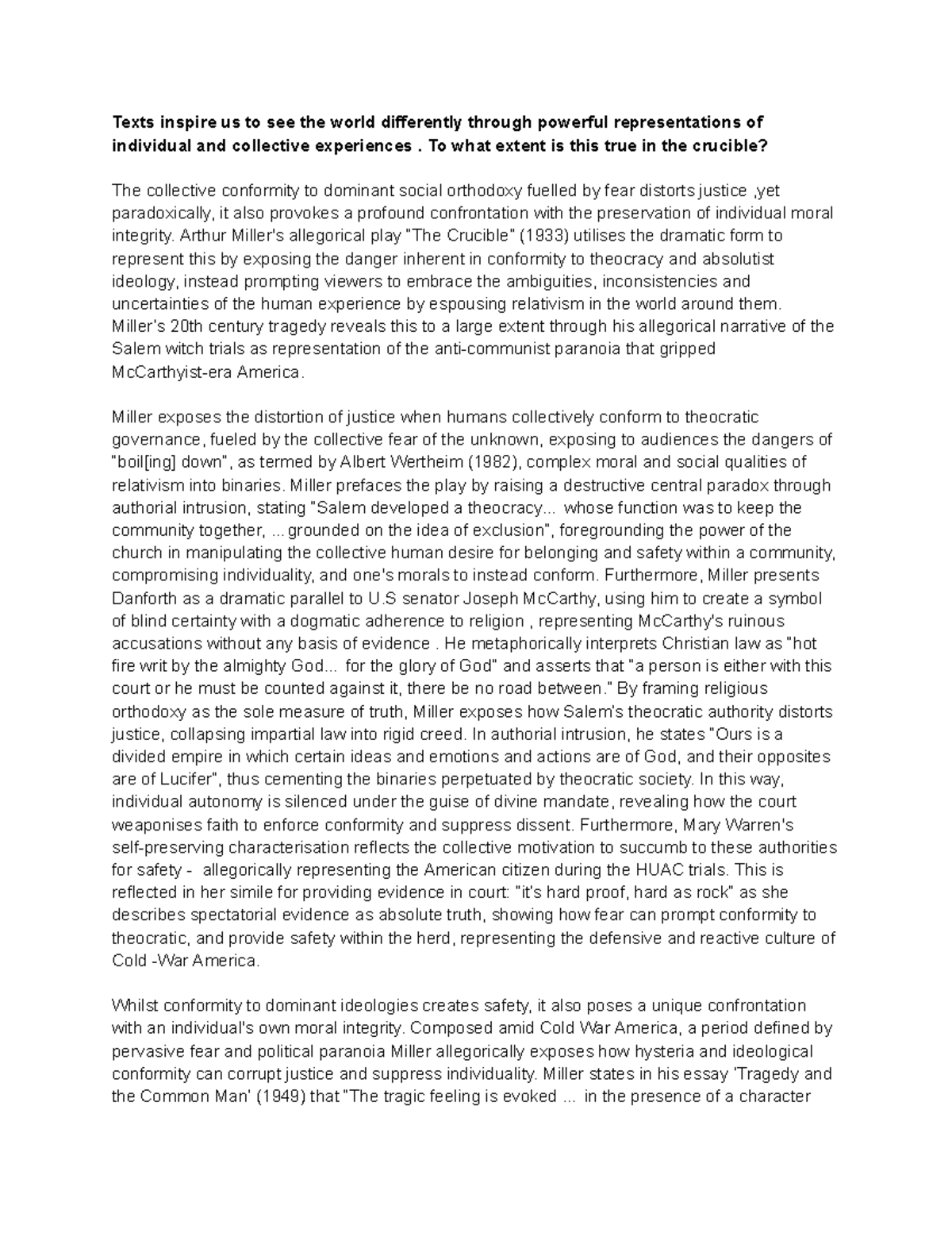 Crucible Essay - Common Module: Conformity, Justice, and Morality - Studocu