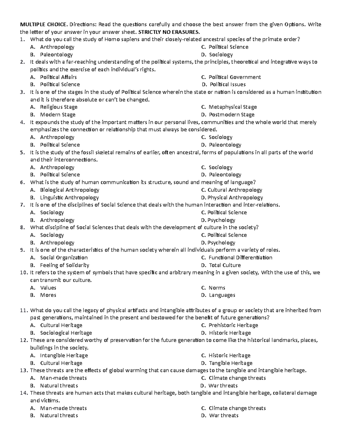 Multiple Choice - TEST - MULTIPLE CHOICE. Directions: Read the ...