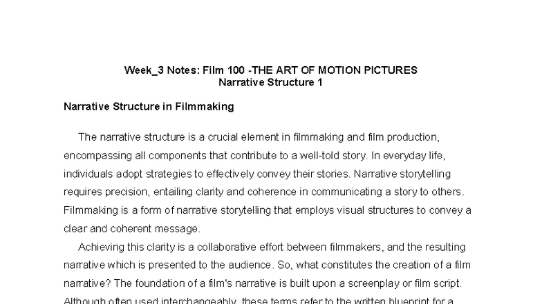 Week 3 Class Notes: Film 100 - Narrative Structure & Analysis - Studocu