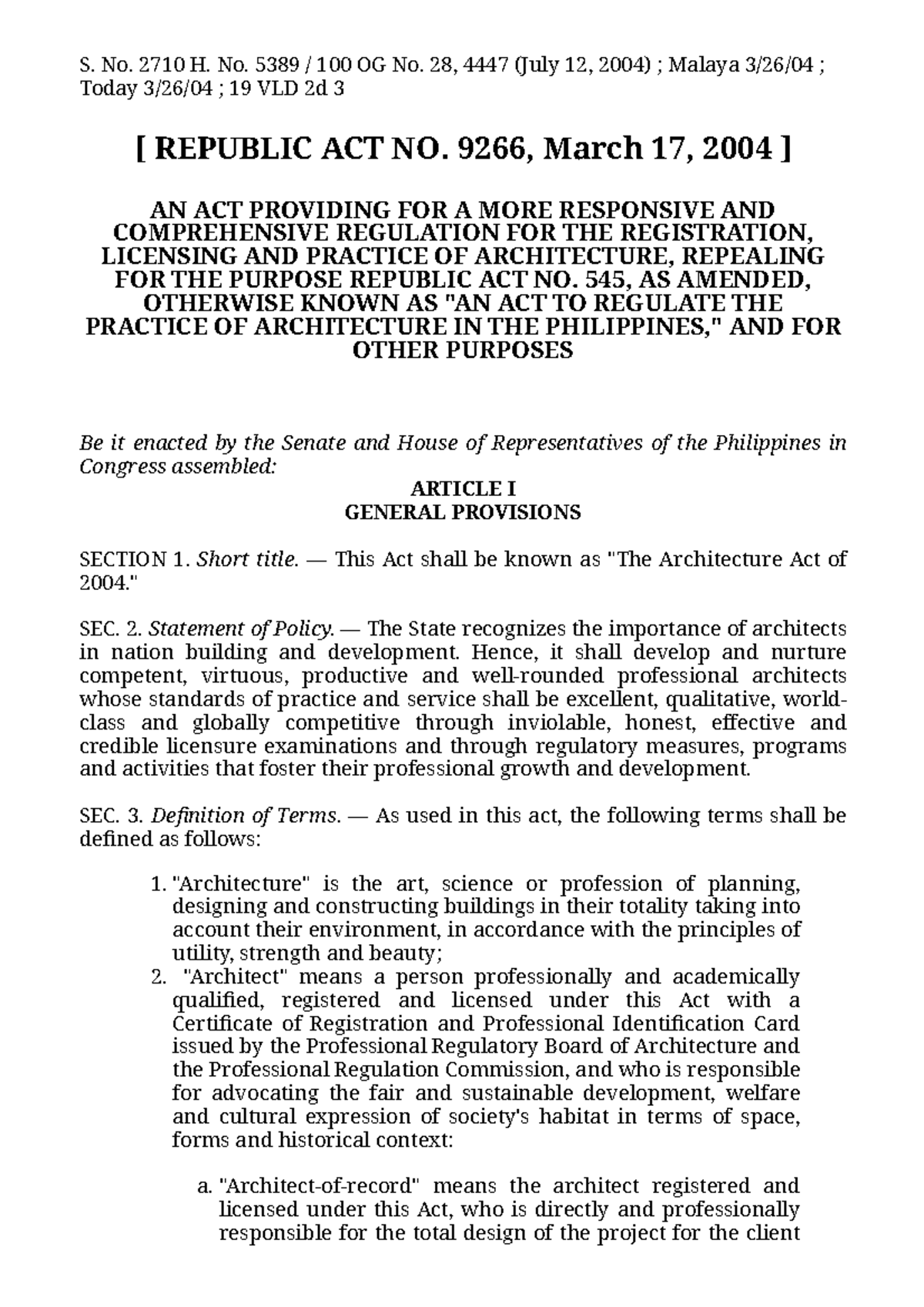 Republic Act No. 9266: Comprehensive Architecture Regulation - Studocu