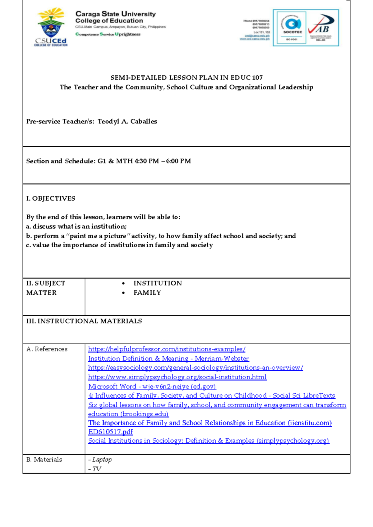 EDUC.107 Lesson Plan: Family's Role in Society & School Dynamics - Studocu