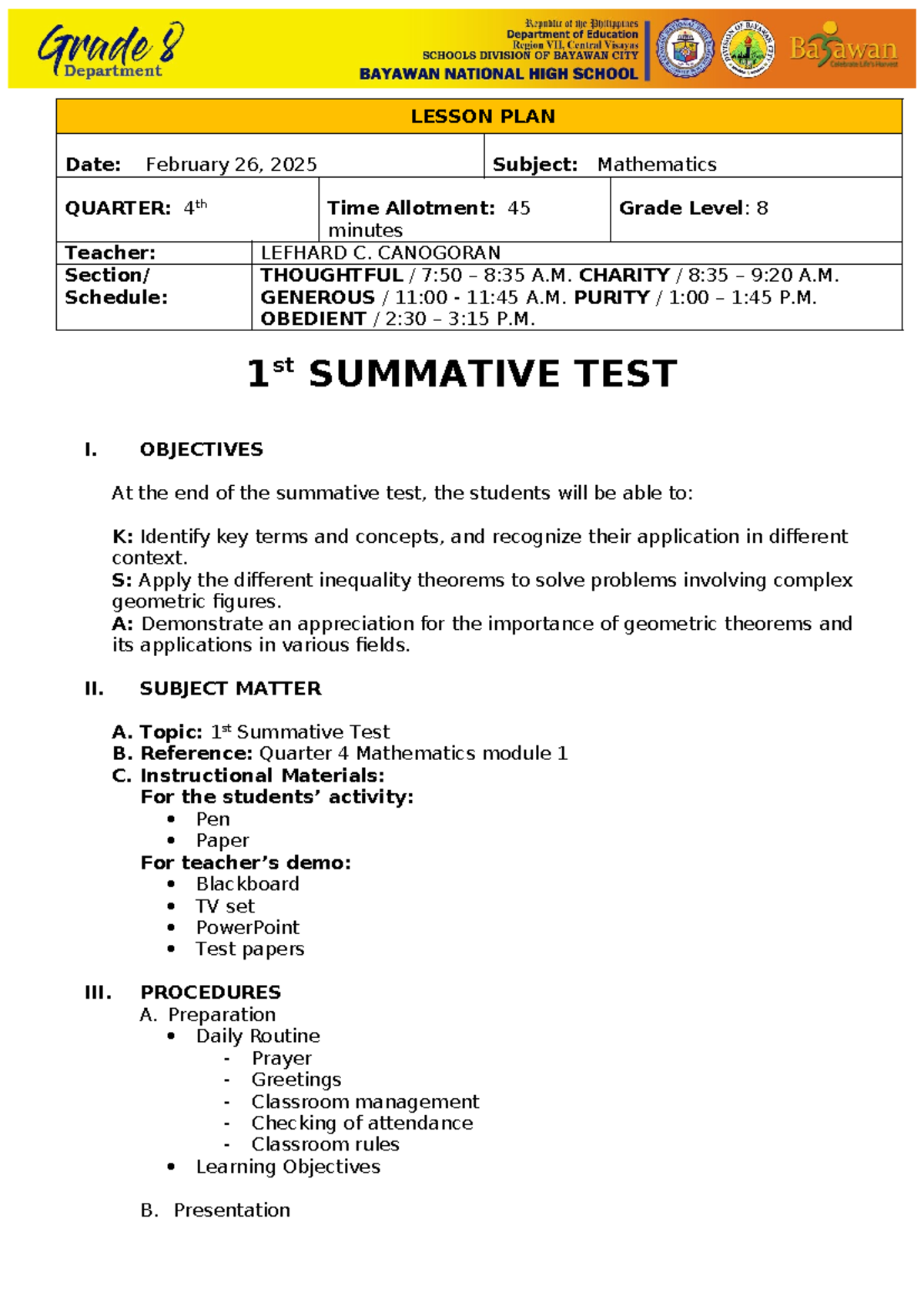 Day20 SDLP M8 Q4 First Summative Test 090635 - LESSON PLAN Date ...
