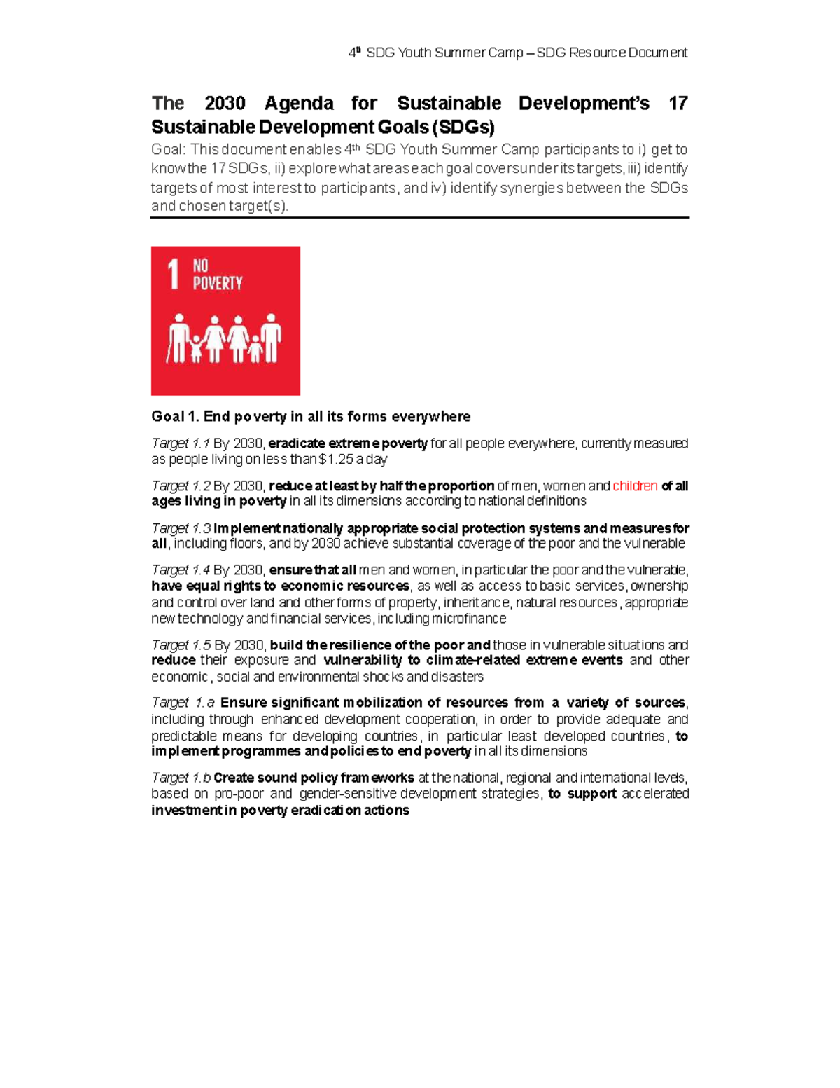 4th SDG Youth Summer Camp: Sustainable Development Goals & Targets ...