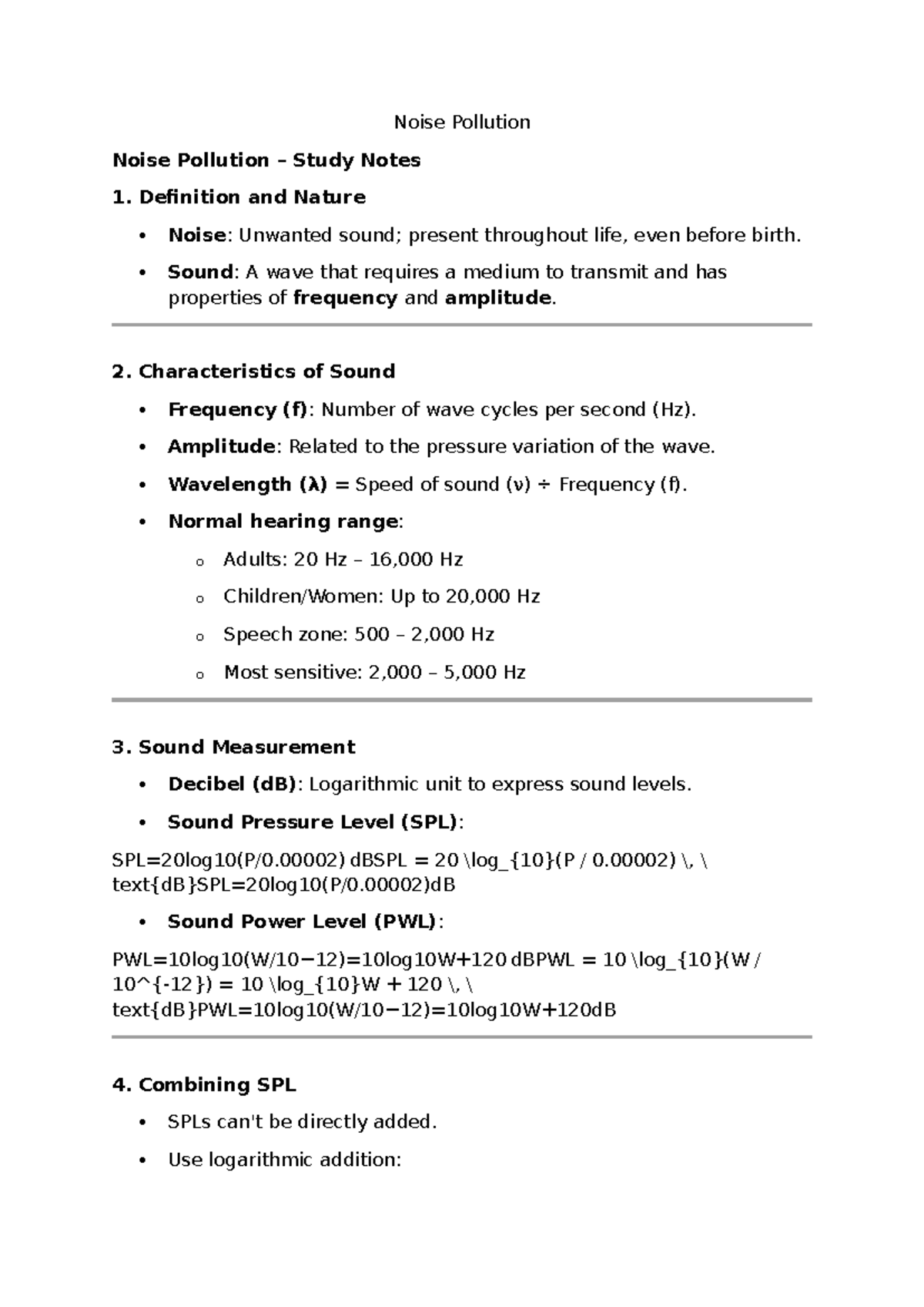 Noise Pollution Study Notes: Key Concepts and Measurements - Studocu