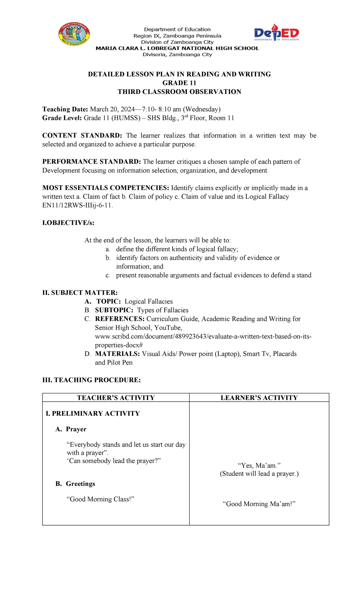 CO3: Detailed Lesson Plan for Grade 11 on Logical Fallacies - Studocu