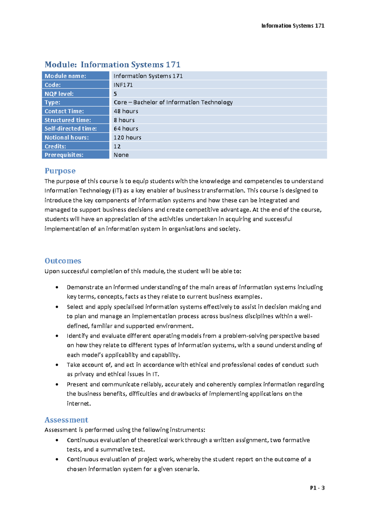 Information Systems 171 INF171 - Information Systems 171 P1 - 3 Module ...