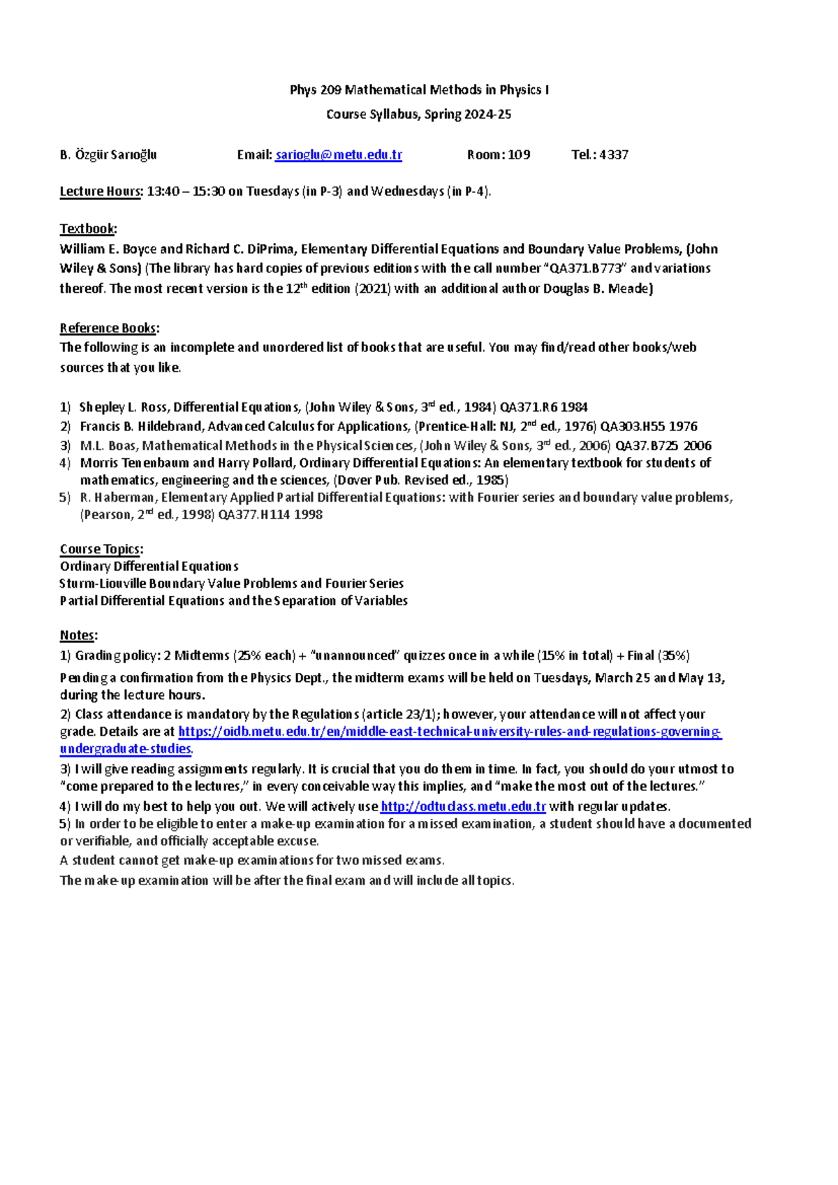 Phys 209 Course Syllabus: Mathematical Methods in Physics I, Spring ...