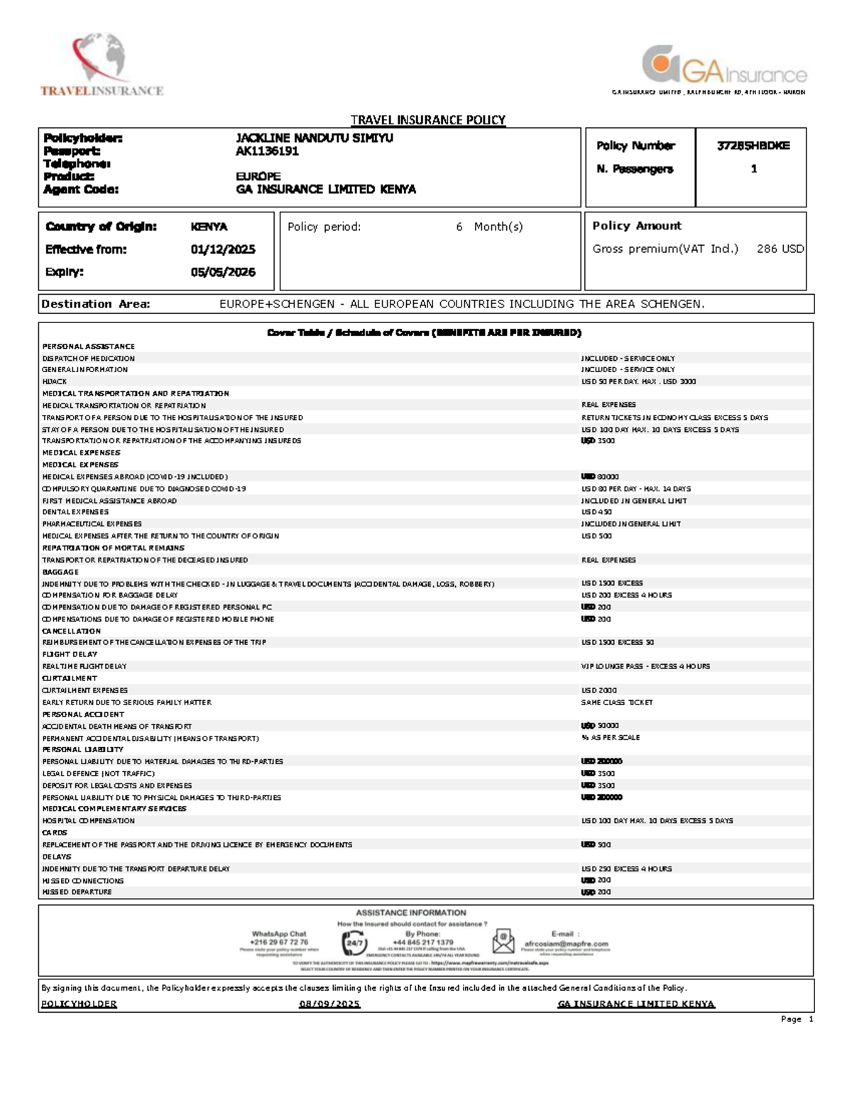 GA INSURANCE LIMITED Travel Insurance Policy Overview (B0010) - Studocu