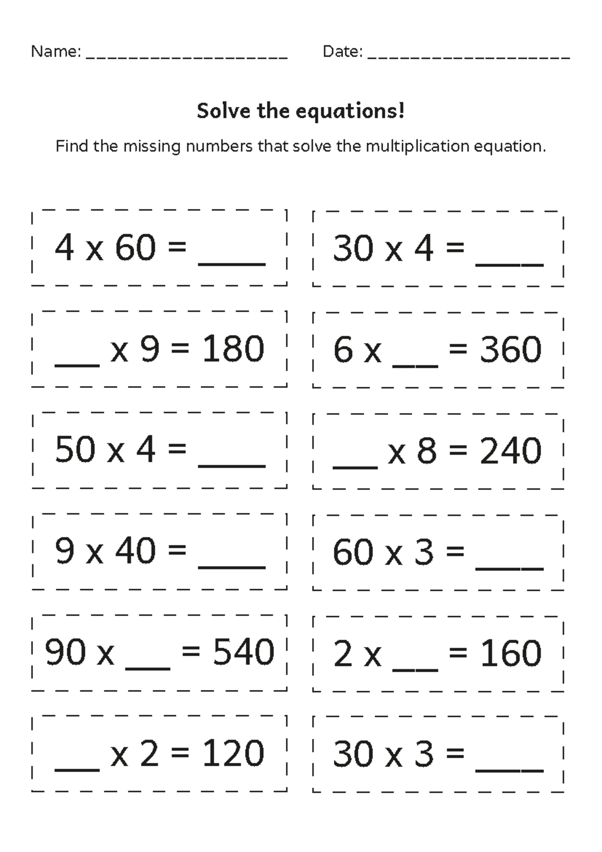 Multiplication Equation Solutions - 3rd Grade Worksheet - Name ...