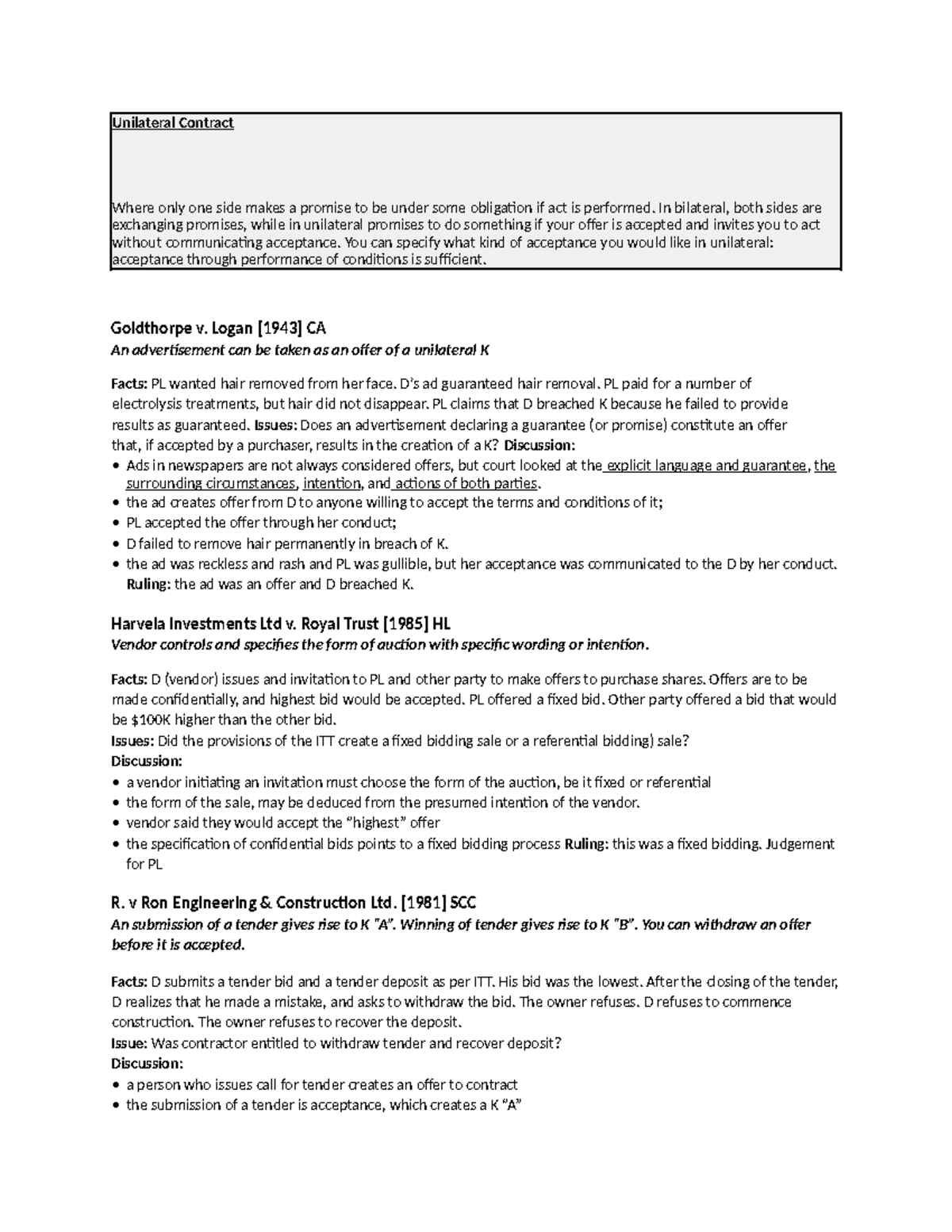 Unilateral Contract - topic wise cases - Unilateral Contract Where only ...