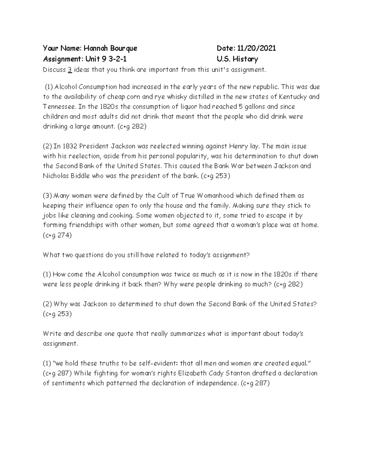 Unit 9 3-2-1 Assignment - Key Insights in U.S. History - Studocu