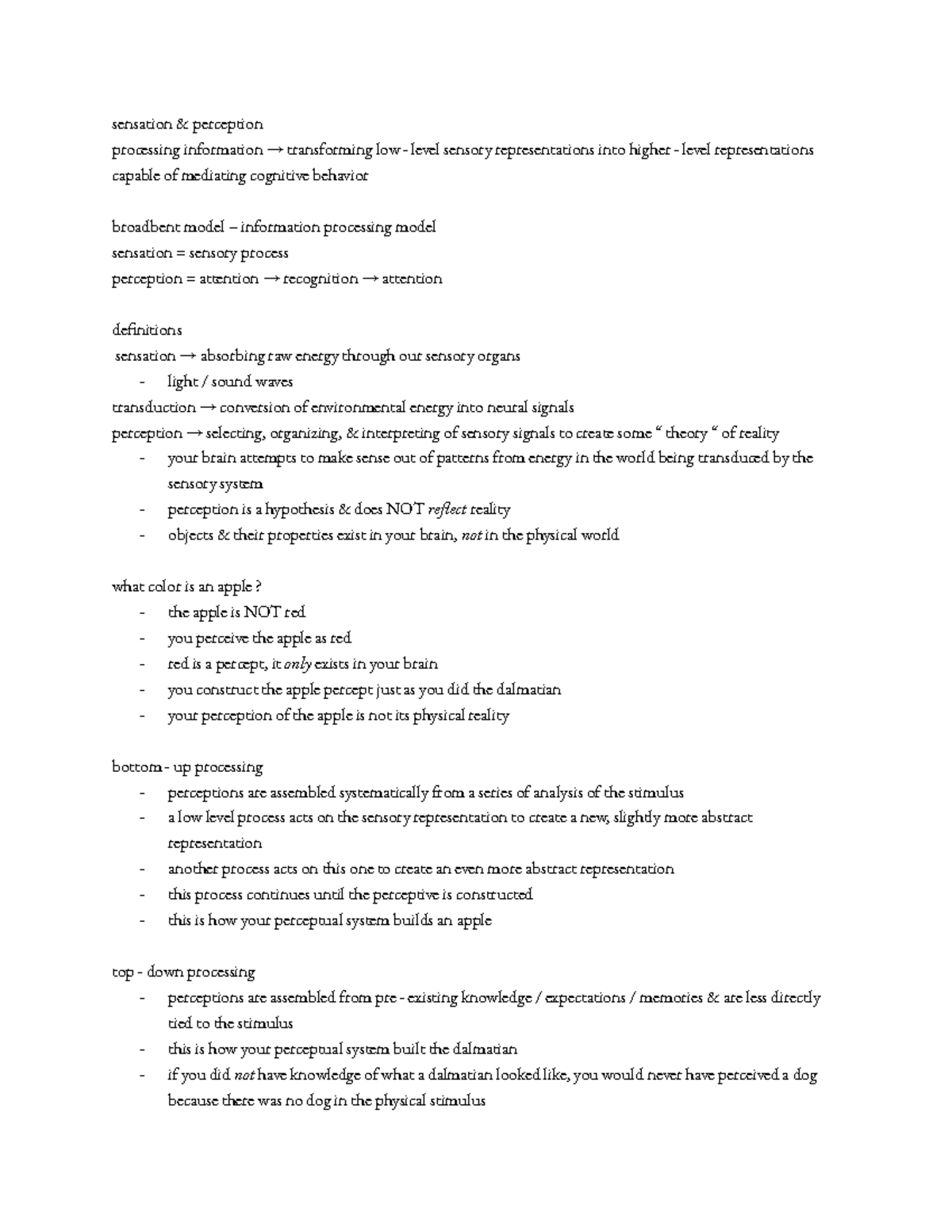 Psy 260 - Sensation & Perception Notes: Key Concepts and Theories - Studocu