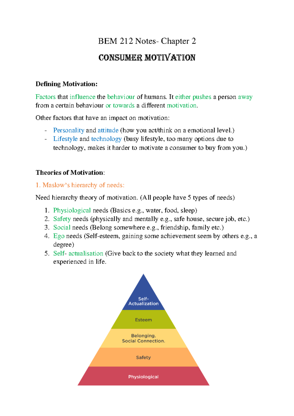 BEM 212 Chapter 2 - BEM 212 Notes- Chapter 2 Consumer Motivation ...