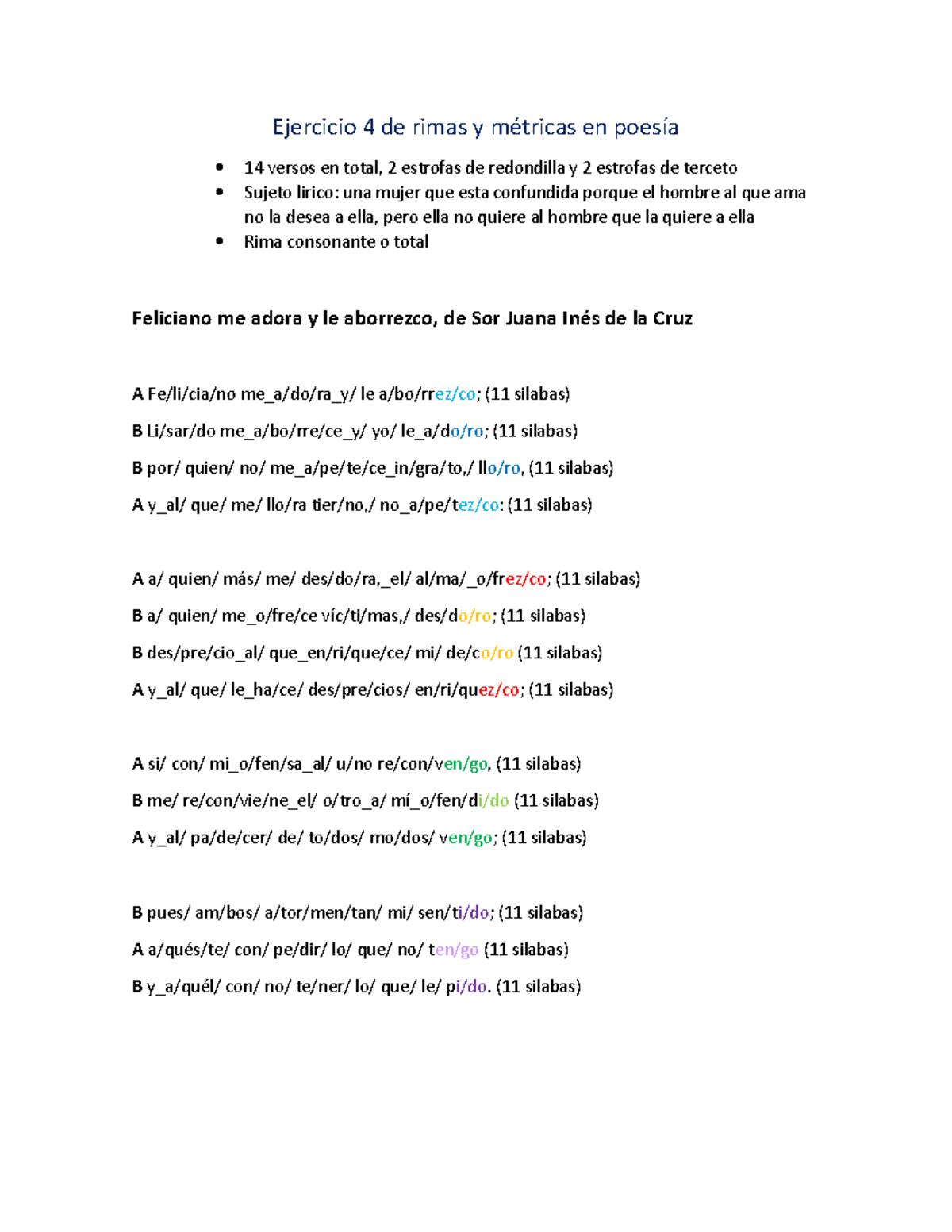 Ejercicio 4 de rimas y métricas en poesía - (11 silabas) 14 versos en ...