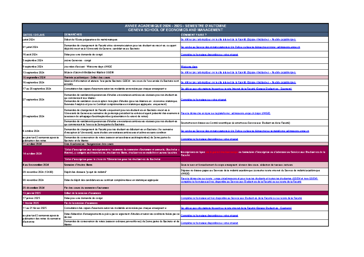 GSEM Année Académique 2024-2025: Dates et Démarches Automne - Studocu