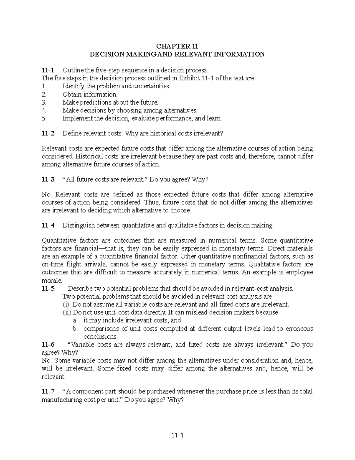 Ch11 SM - Chapter 11 Decision Making & Relevant Costs Exercises - Studocu
