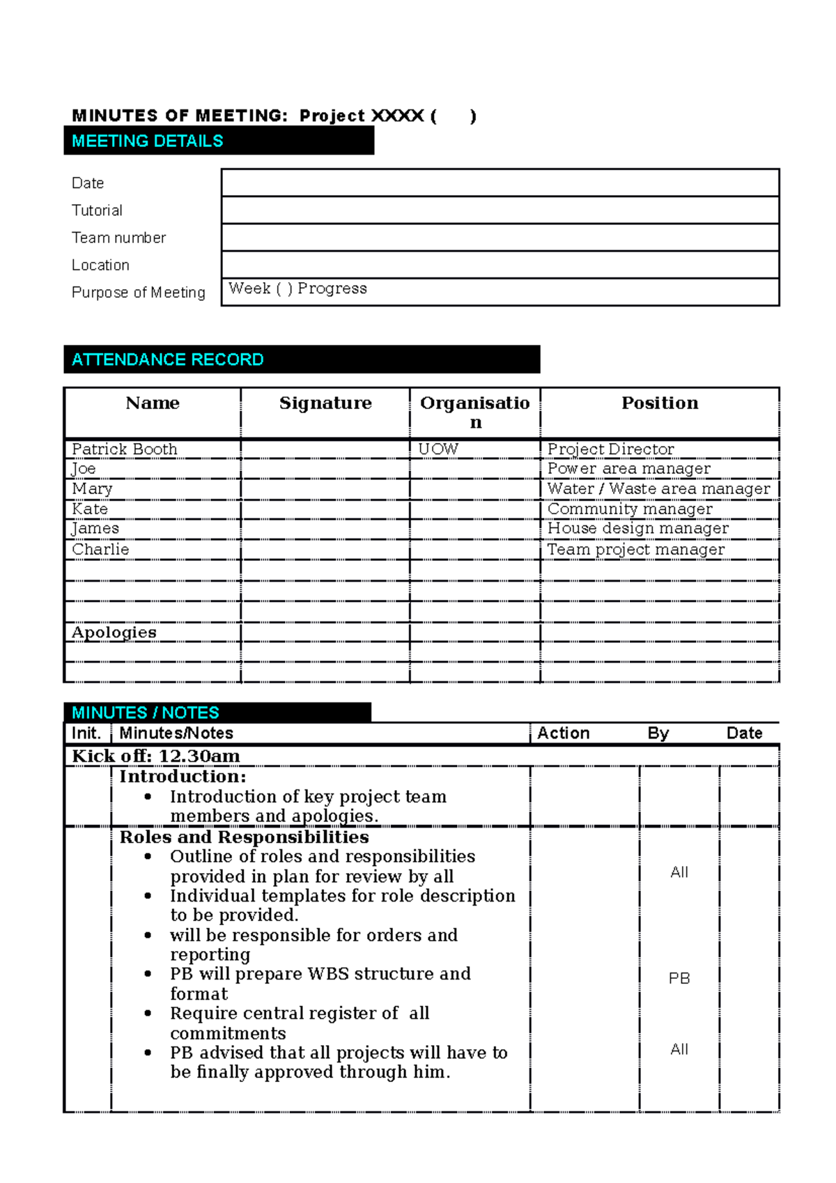 UOW Project Meeting Minutes Template (Progress & Attendance) - Studocu