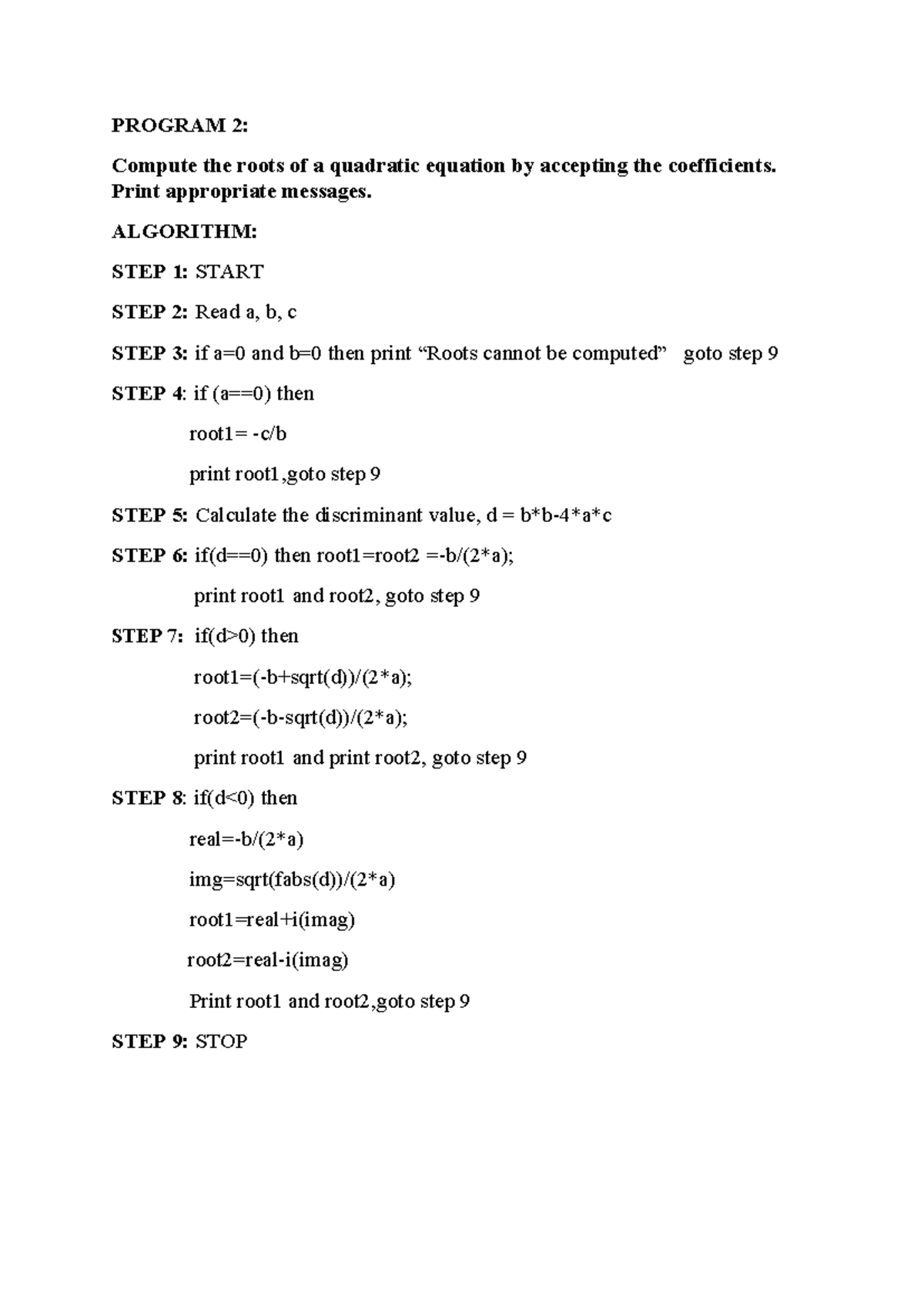 Data Structures: Program 2 - Quadratic Equation Roots Calculation - Studocu