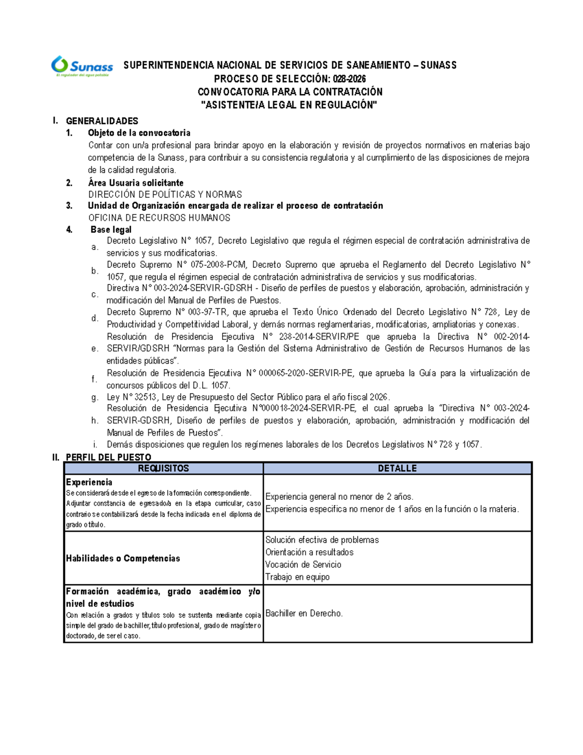 Convocatoria SUNASS: Proceso de Selección para Contratación Legal - Studocu
