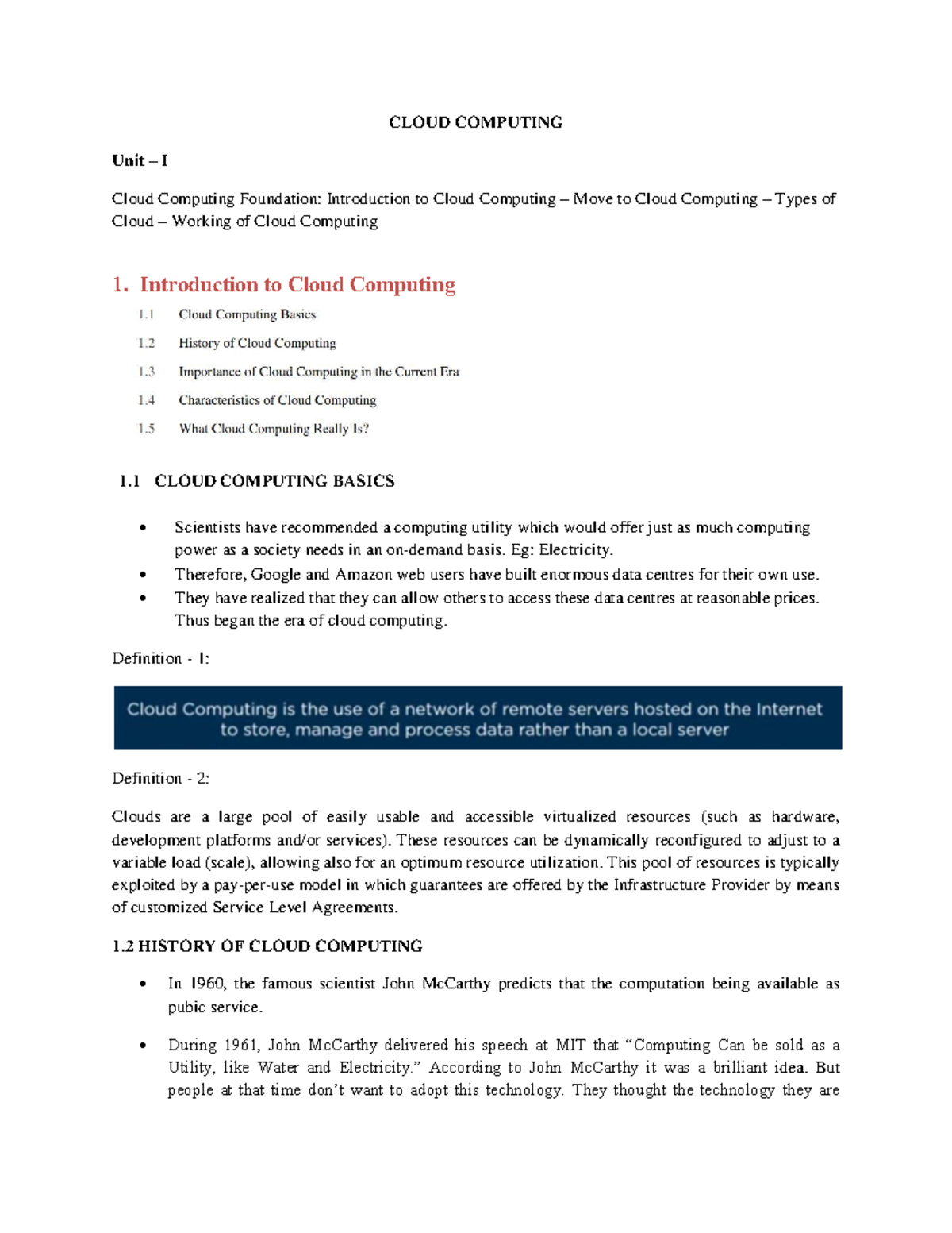 CLOUD COMPUTING Cc Notes: Foundations, Types, and Key Characteristics ...