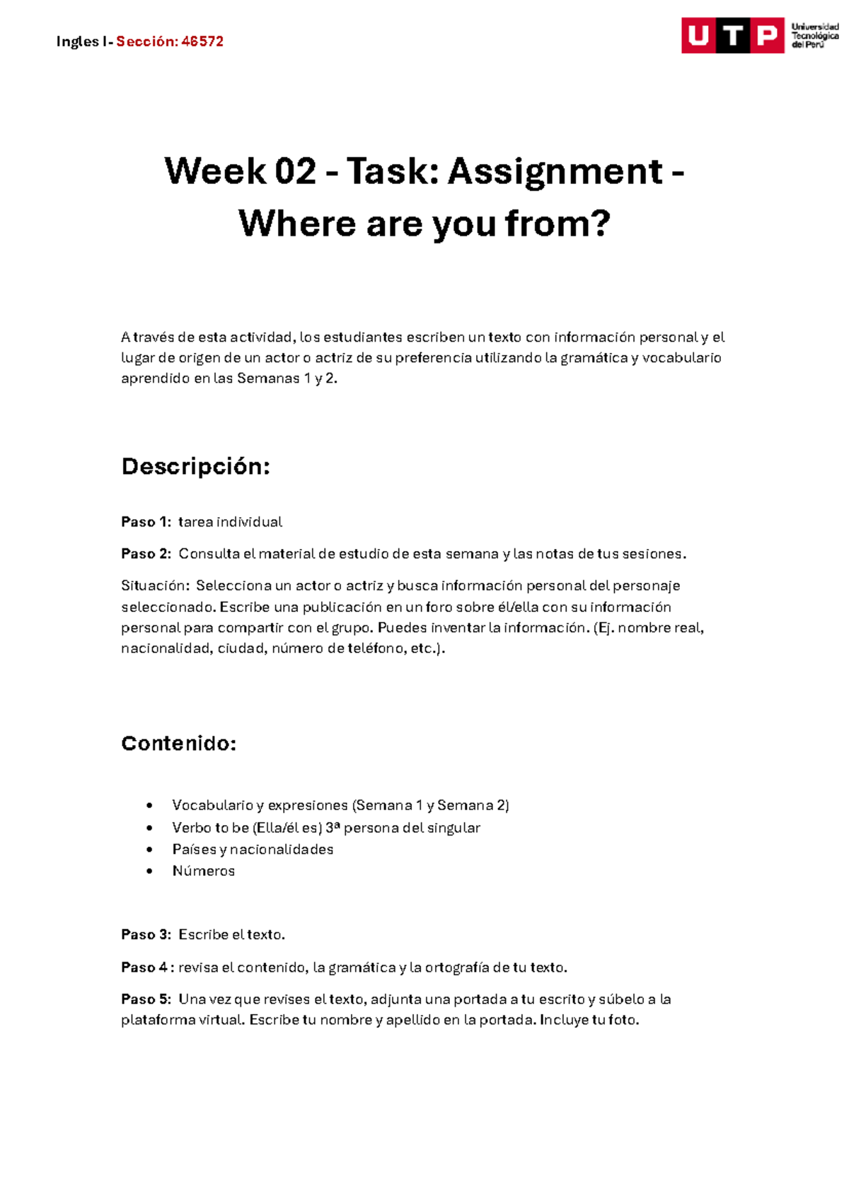Ingles I - Sección 46572: Week 02 Assignment - Where Are You From? - Document Preview