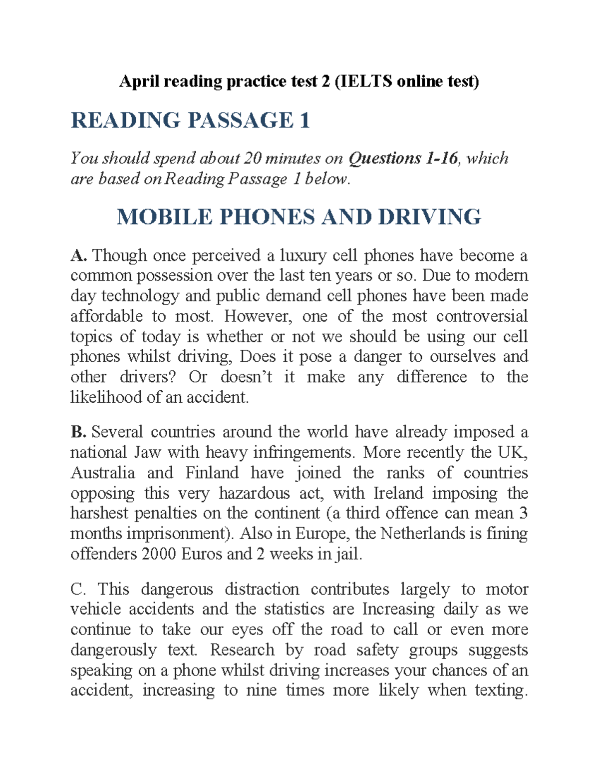 Ielts online test reading april 2 - April reading practice test 2 ...