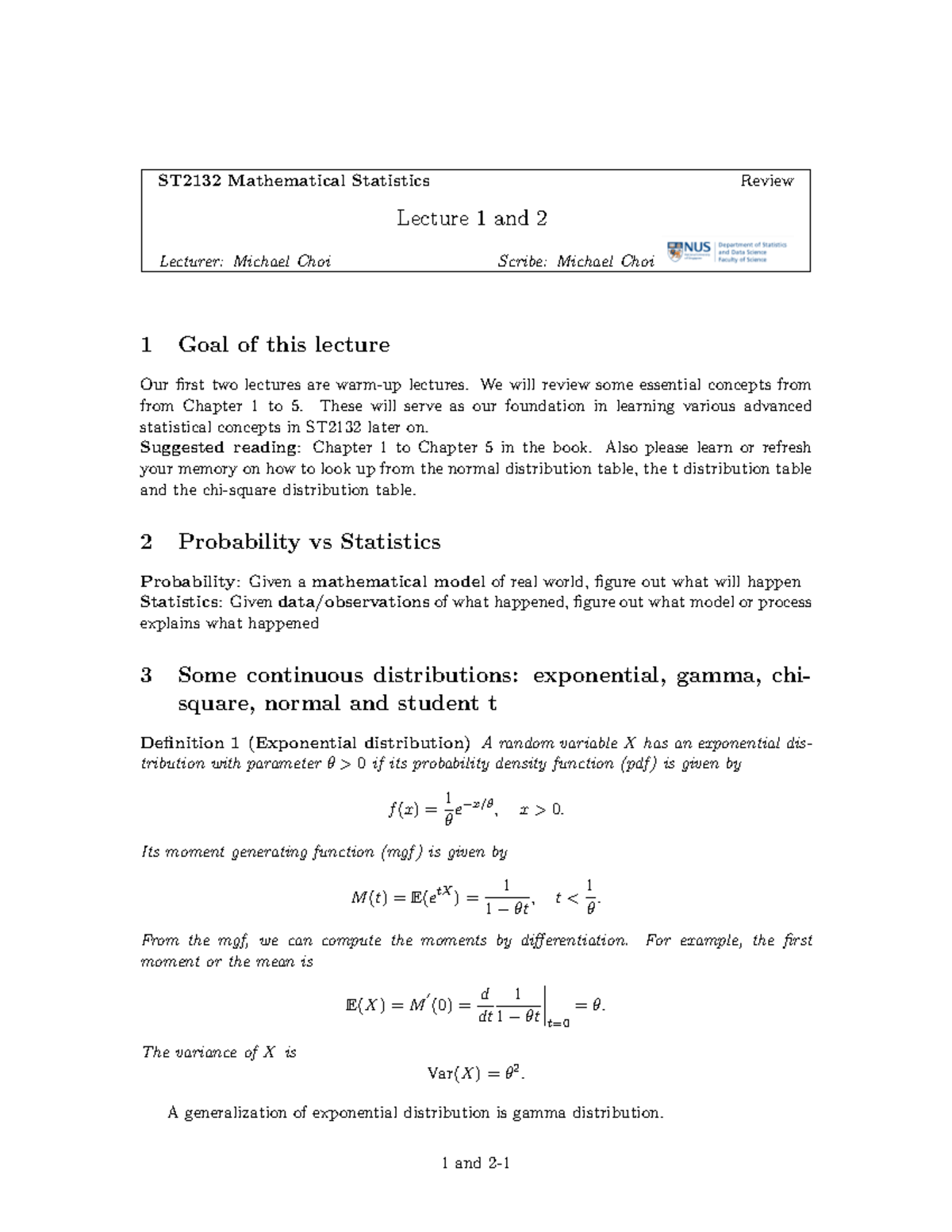 ST2132 Mathematical Statistics Midterm Review Notes - Studocu