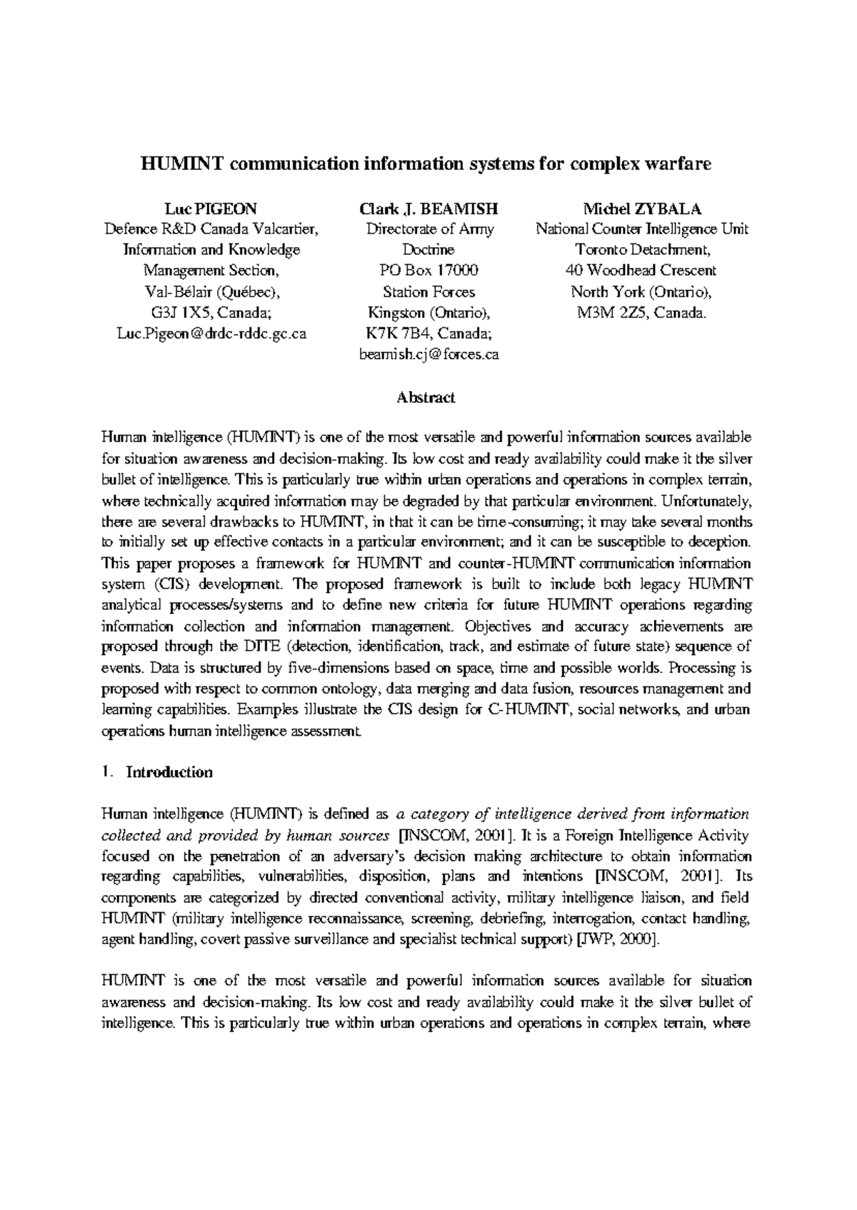 Humint Communication Information Systems for Compl - HUMINT ...