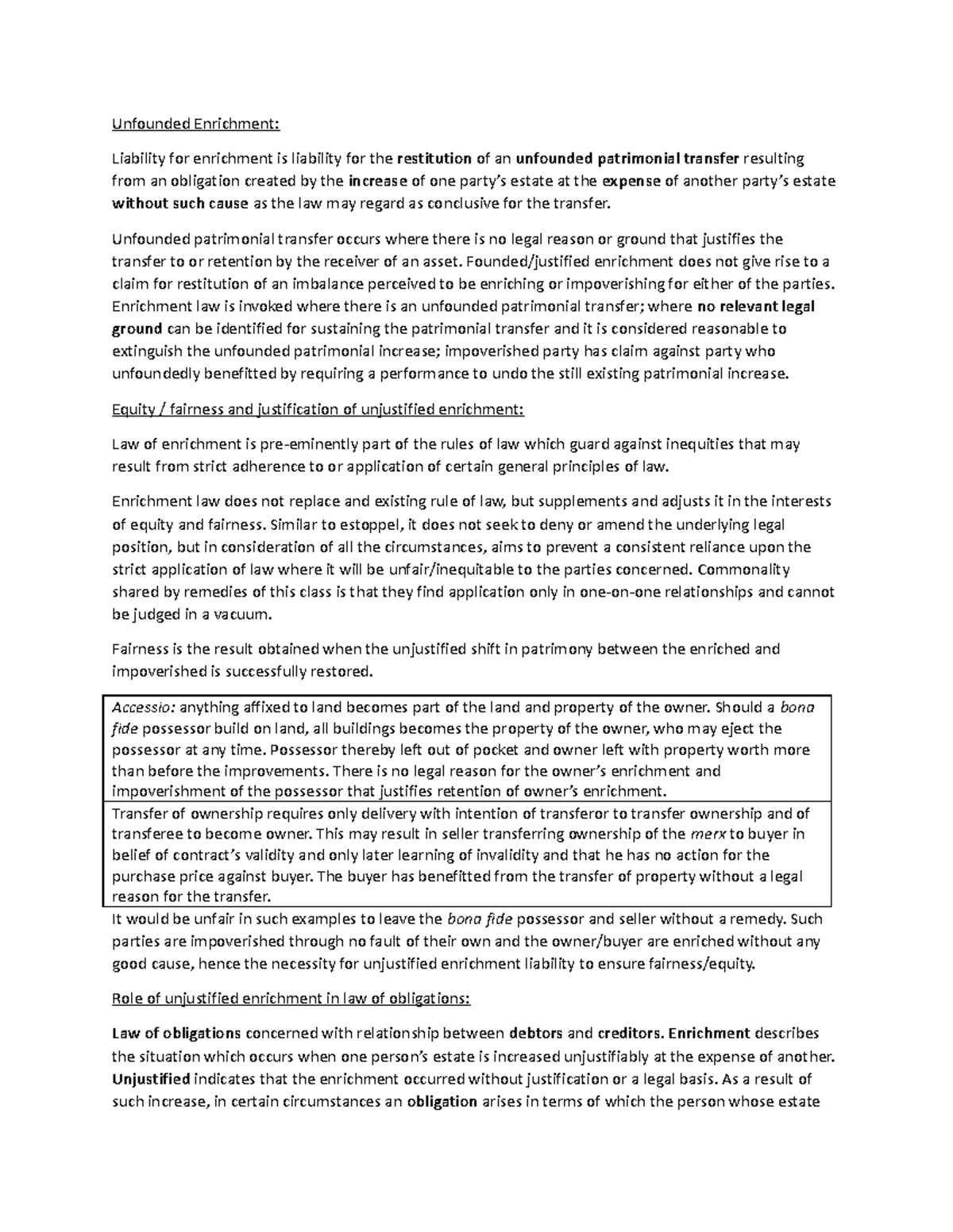 Day Before - Notes - Unfounded Enrichment: Liability for enrichment is ...