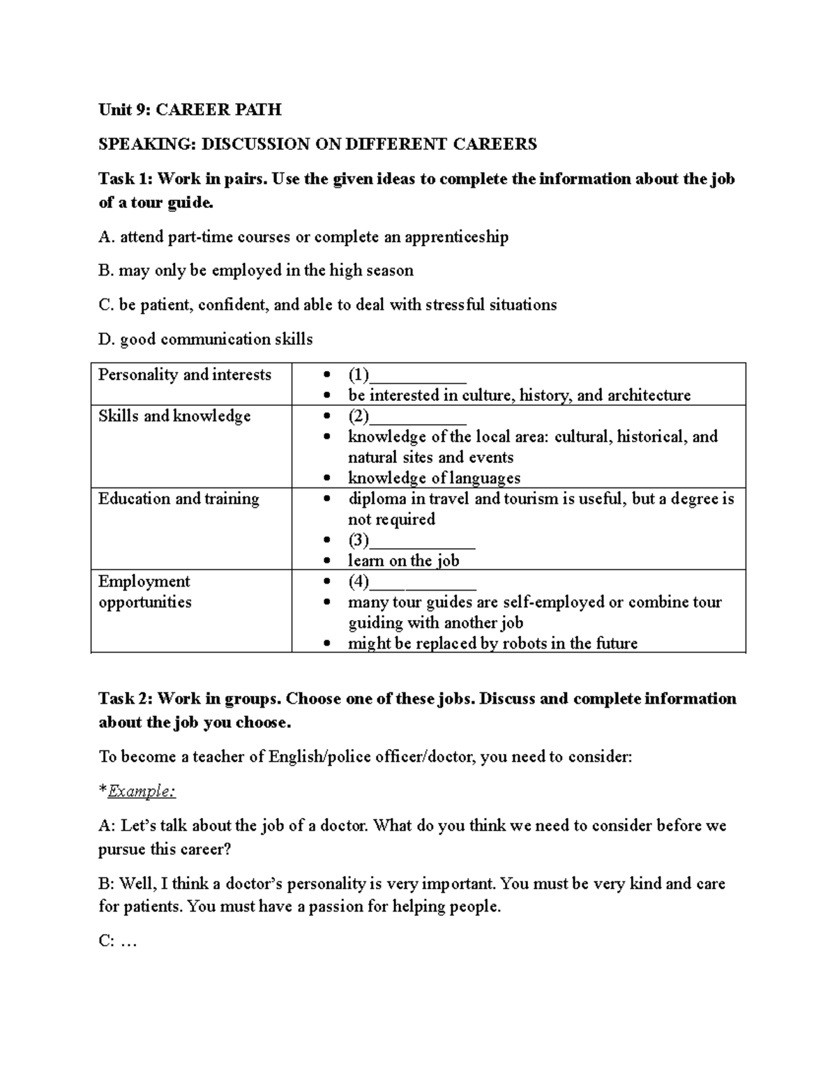 Unit 9: Career Path Discussion - Tour Guide & Teacher Insights - Studocu