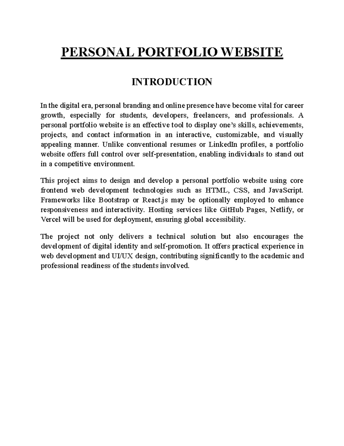 Personal Portfolio Website Synopsis File - PERSONAL PORTFOLIO WEBSITE ...