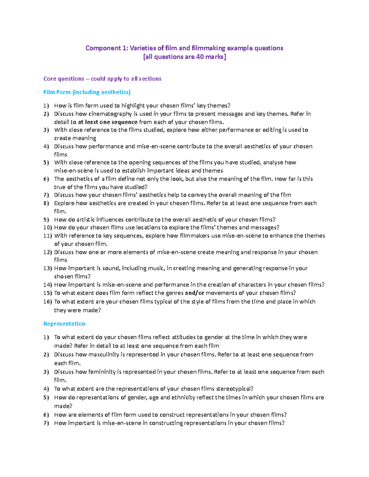 Film Component 1: Example Questions on Film Form and Representation ...