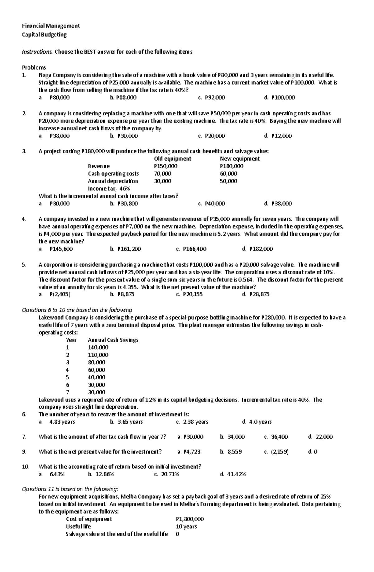 Exercises in Capital Budgeting for Finma Management (FIN 202) - Studocu