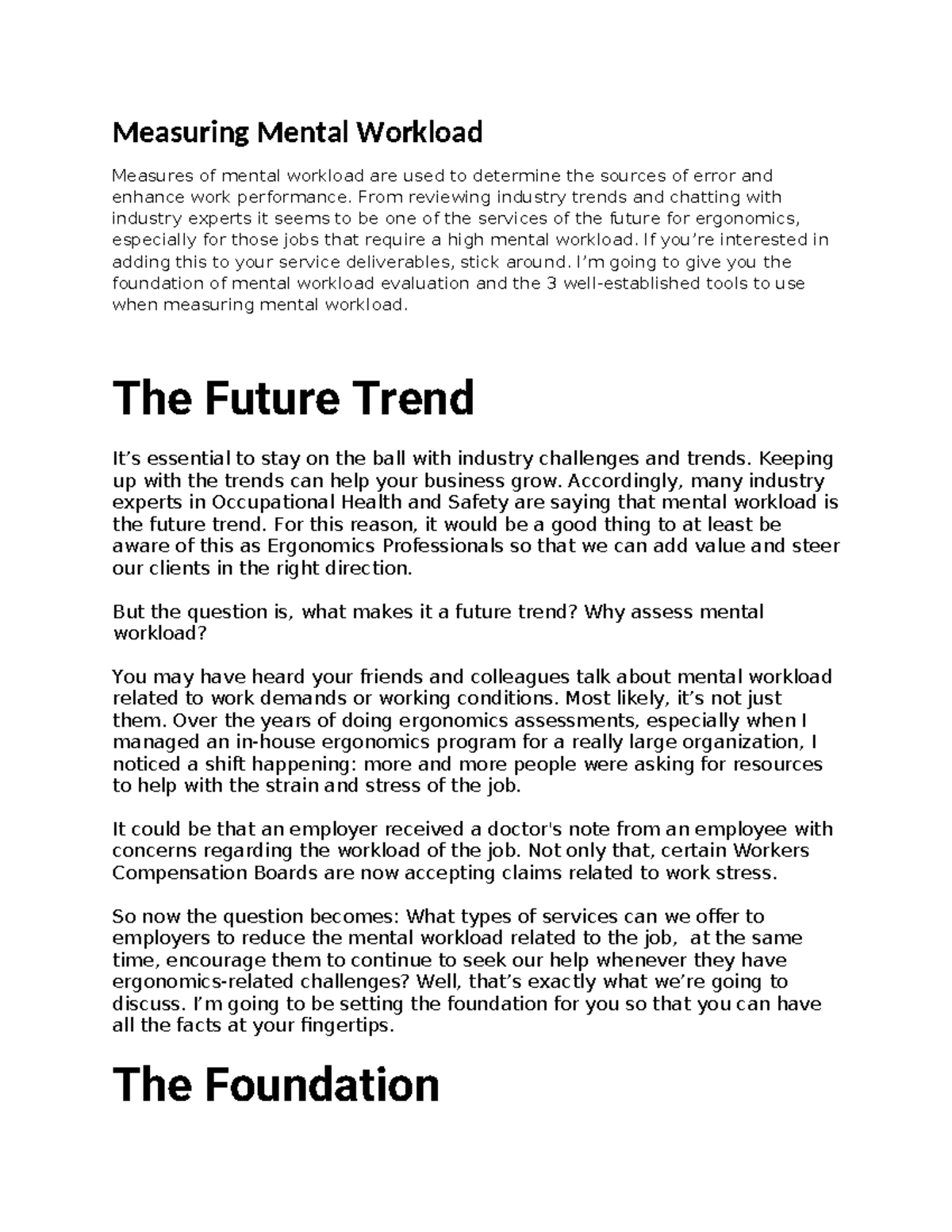Foundations and Tools for Measuring Mental Workload in Ergonomics - Studocu