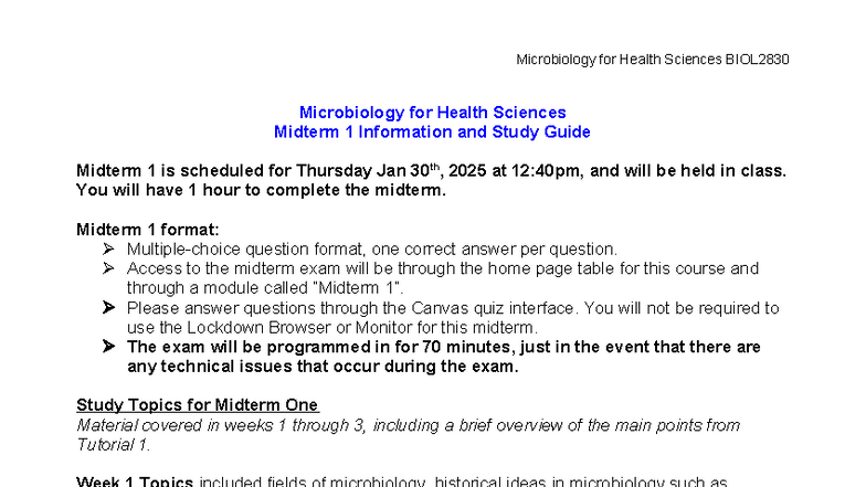 BIOL2830 Microbiology for Health Sciences Midterm 1 Study Guide - Studocu