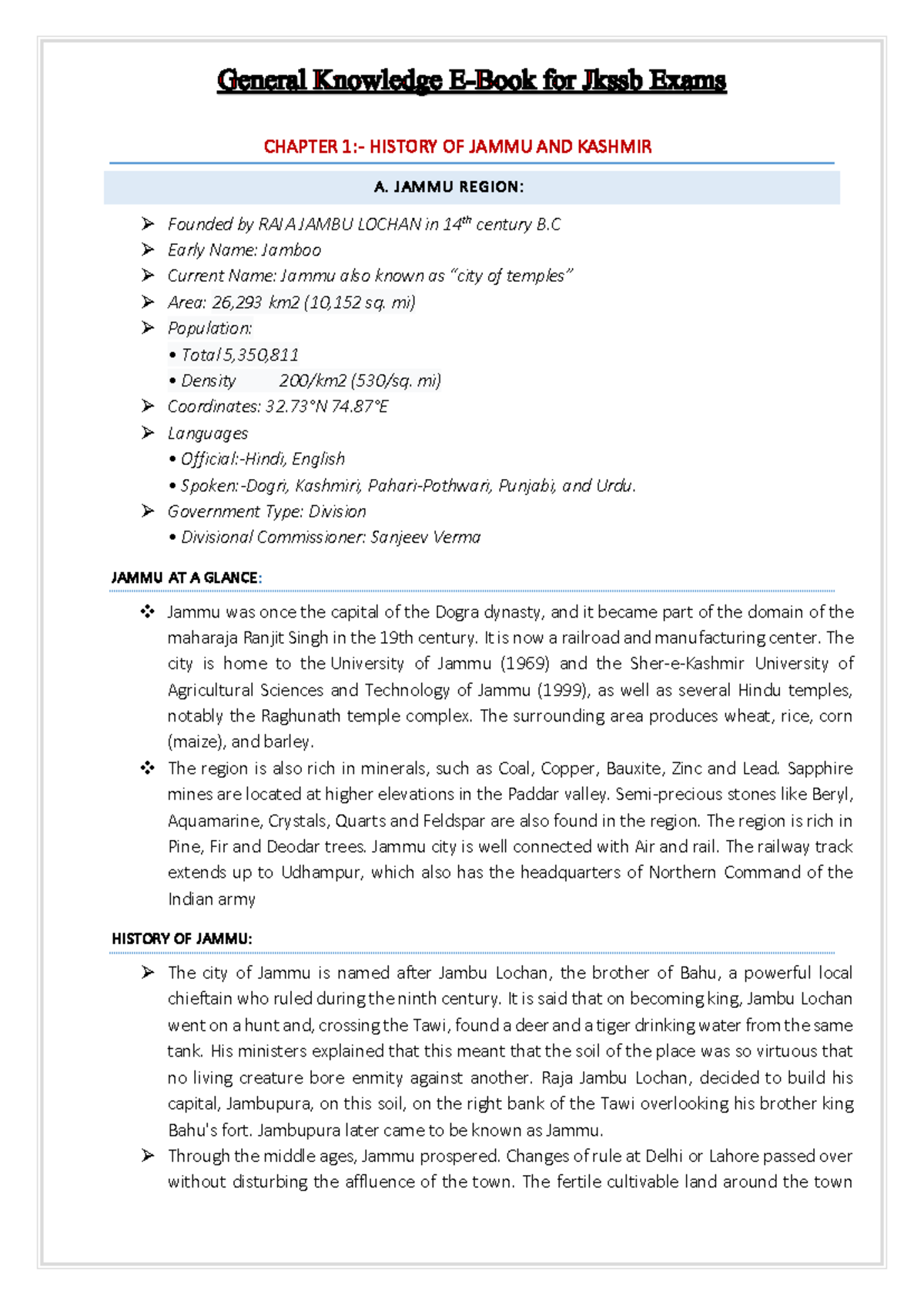General Knowledge E-Book for JKSSB Exams: History of Jammu & Kashmir - Document Preview