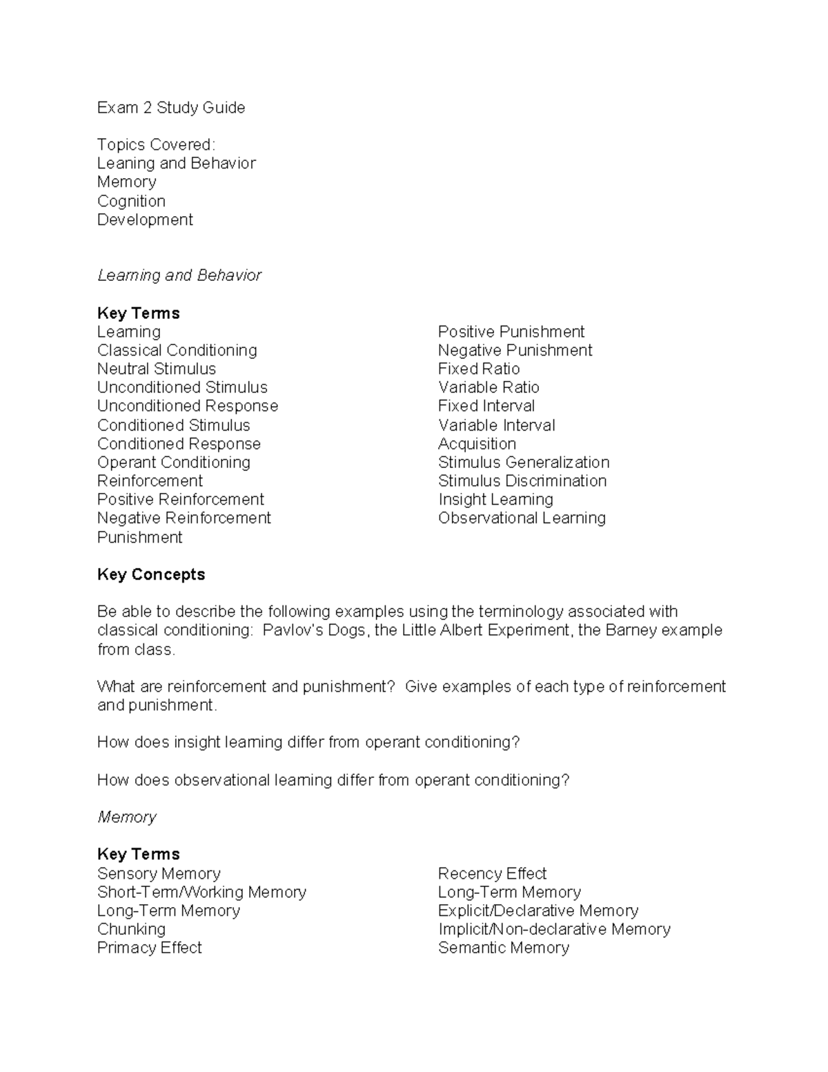 Exam 2 Study Guide: Learning, Memory, Cognition, and Development ...