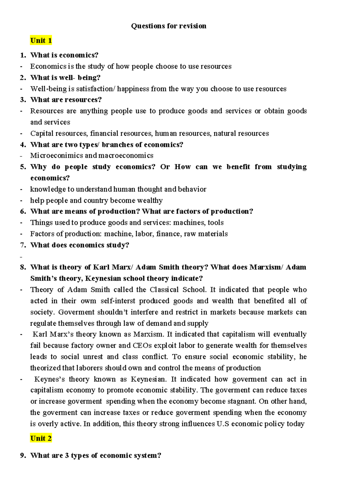 Revision Questions for Economics Unit 1-15 - Studocu
