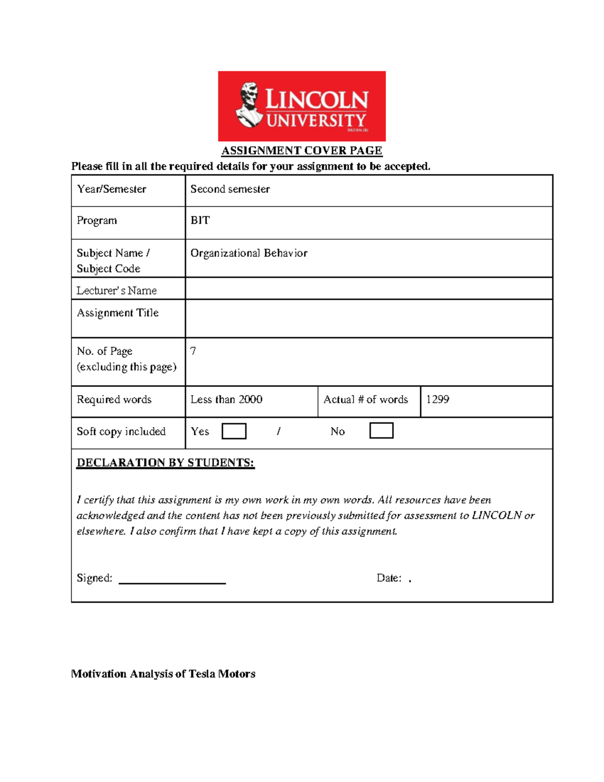 BIT Organizational Behavior Assignment: Motivation Analysis of Tesla ...