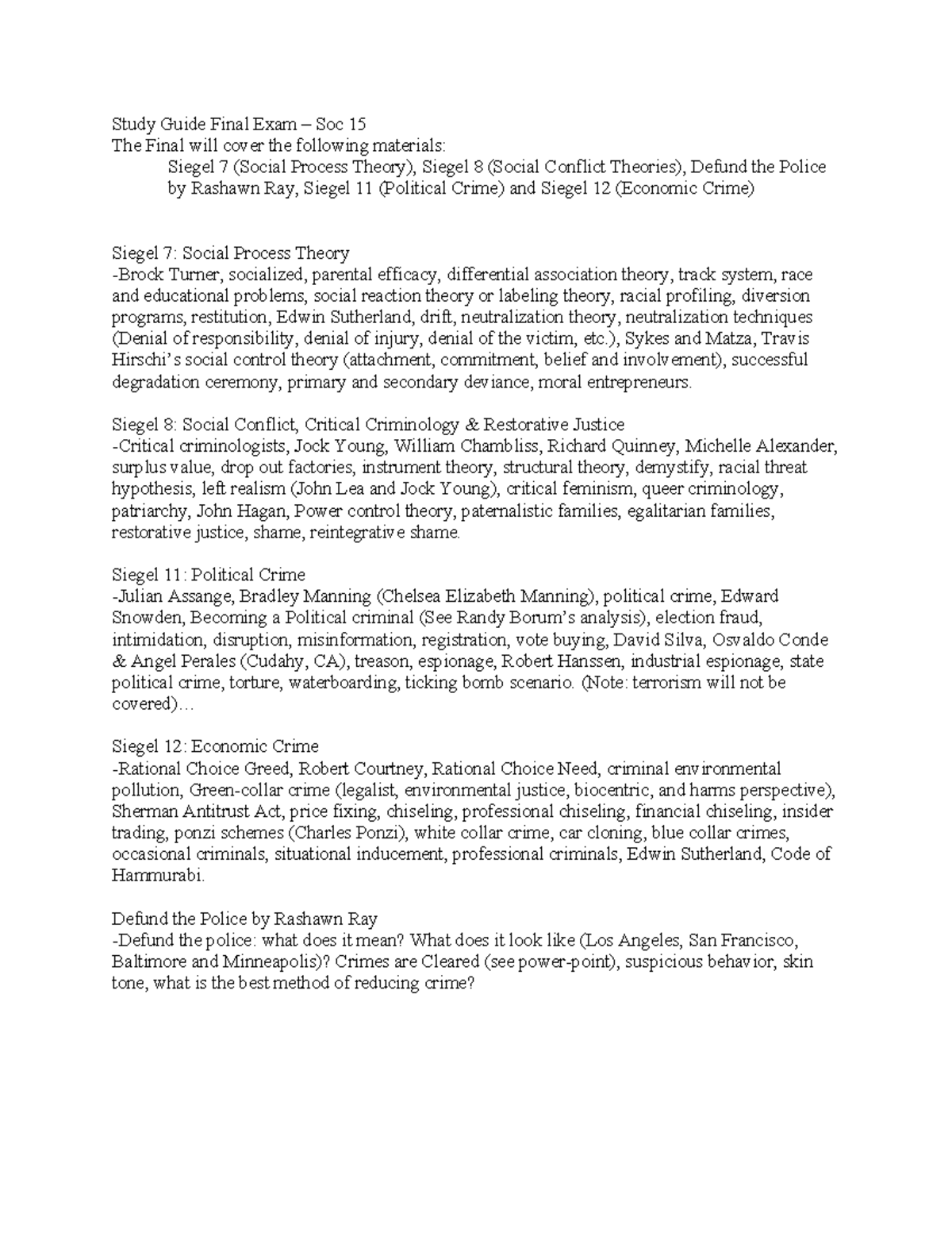 Study Guide for Final Exam – SOC 15: Key Theories & Concepts - Study ...