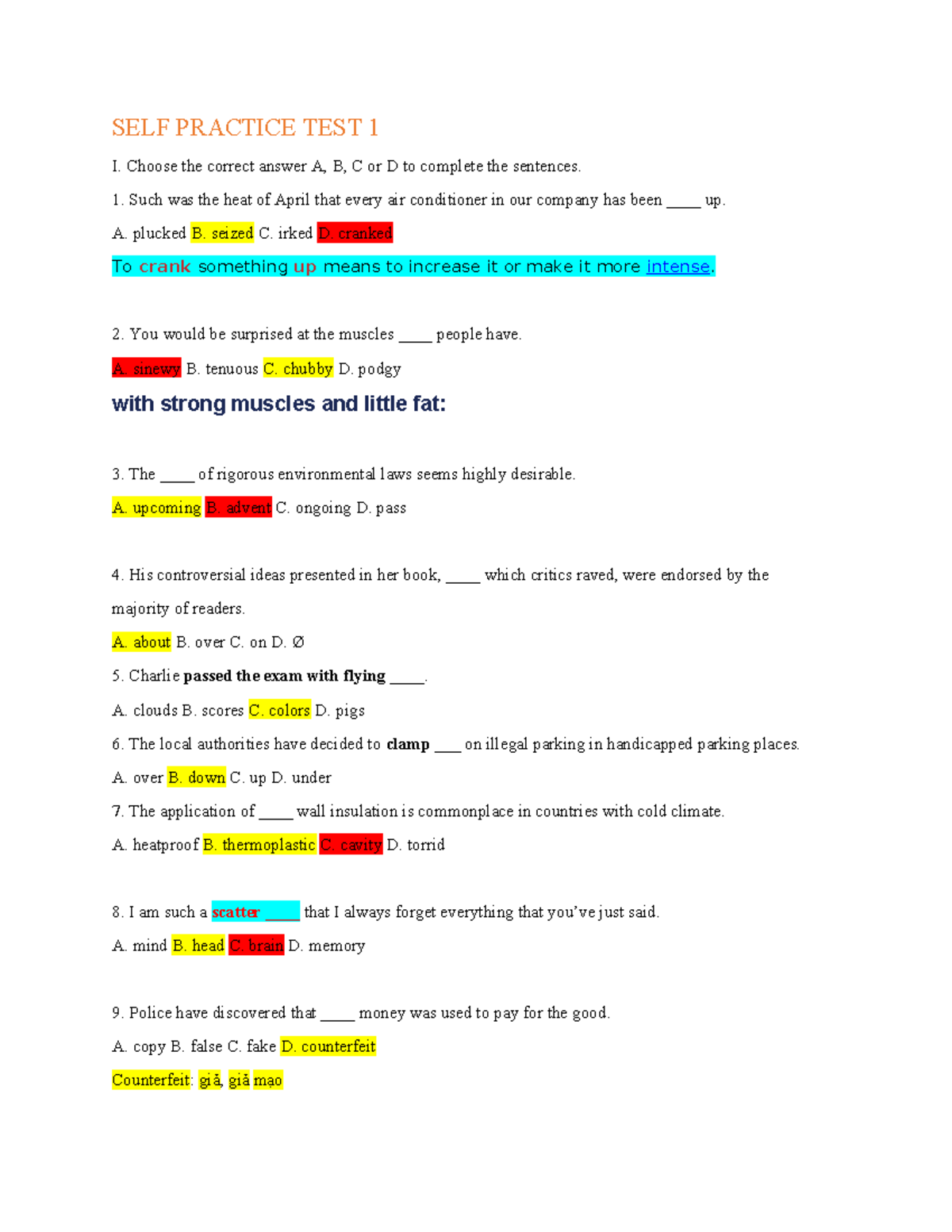 SELF Practice TEST 1 - SELF PRACTICE TEST 1 I. Choose the correct ...