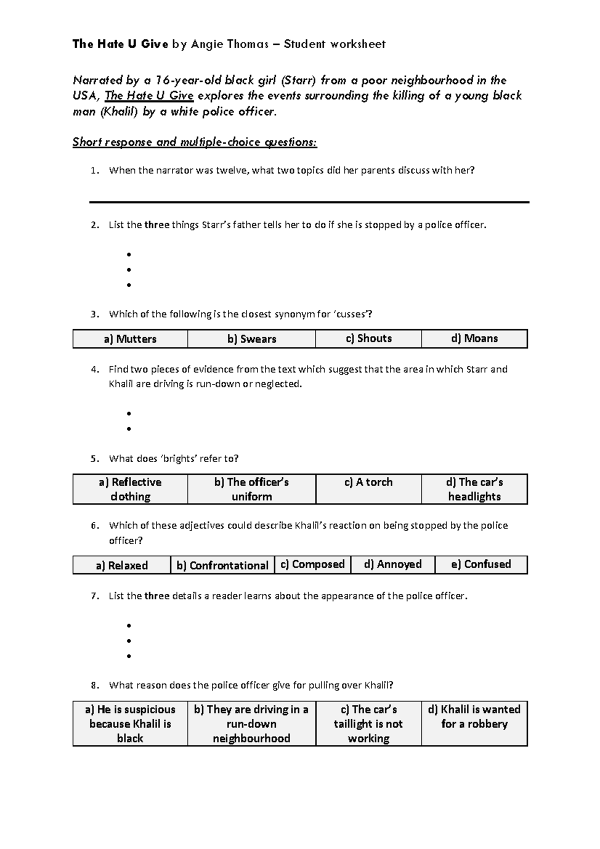 Y8 English Week 4: The Hate U Give Worksheet & Questions - Studocu