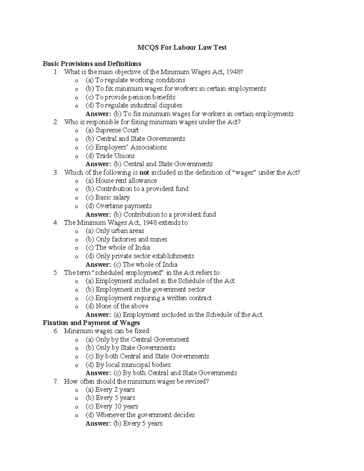 MCQs for Labour Law: Minimum Wages Act Overview and Insights - Studocu