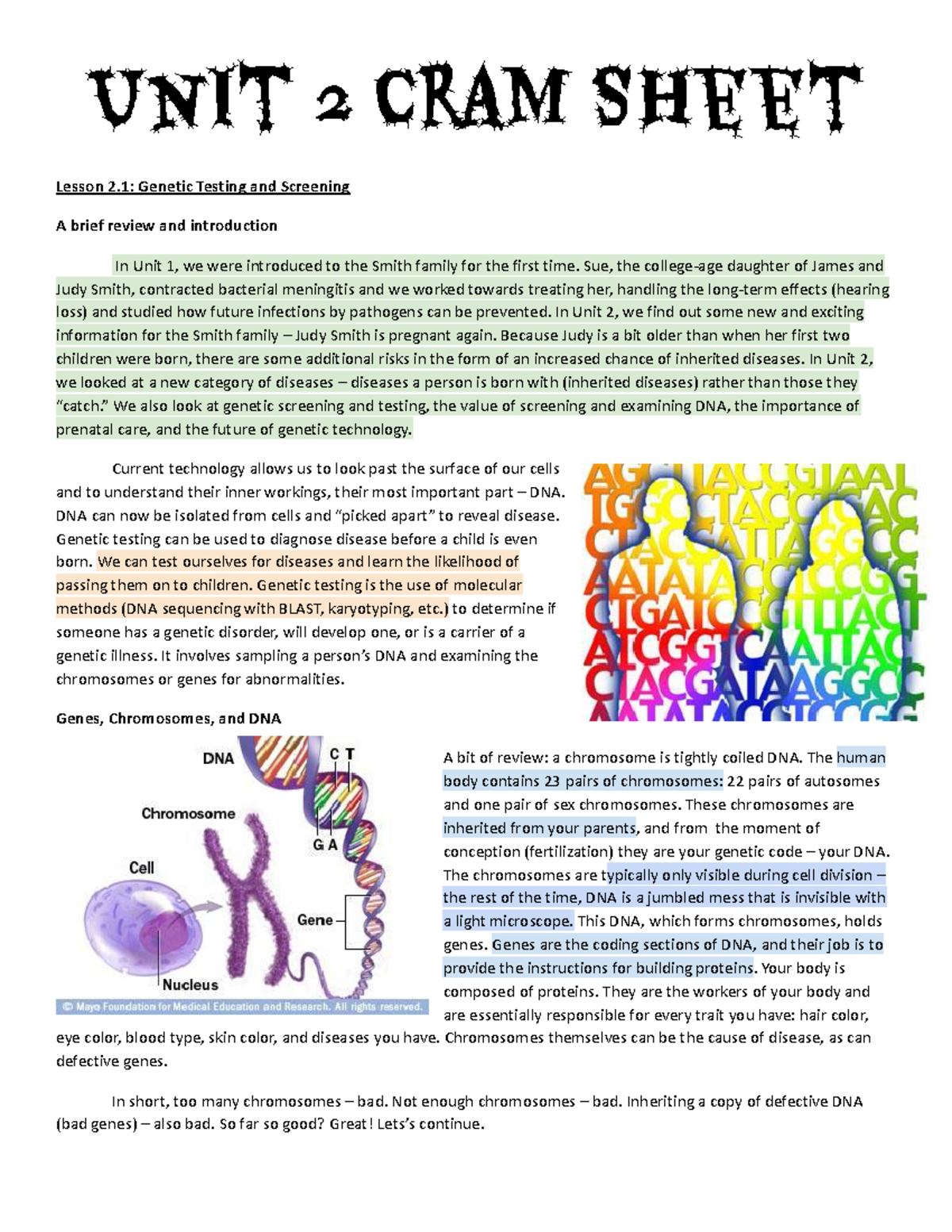 Unit 2 Cram Sheet: Genetic Testing, Disorders & Implications - Studocu