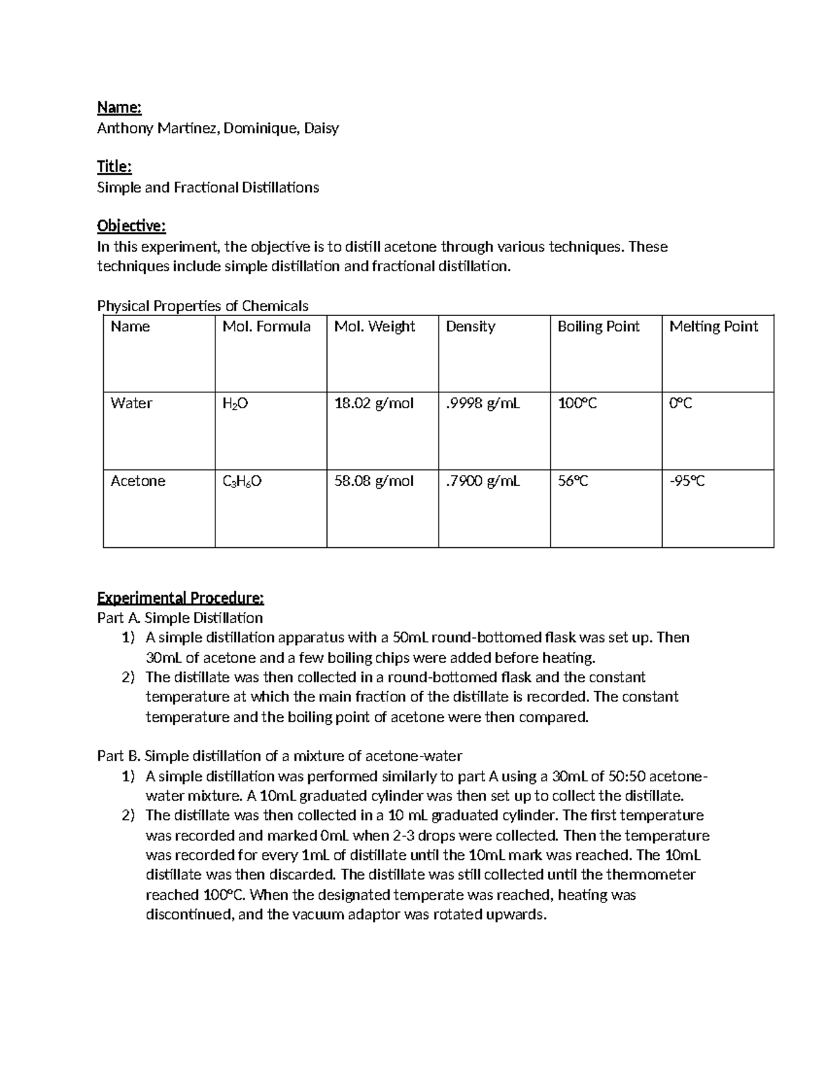 Lab Report #1 ORGO - Simple and Fractional Distillation Techniques ...