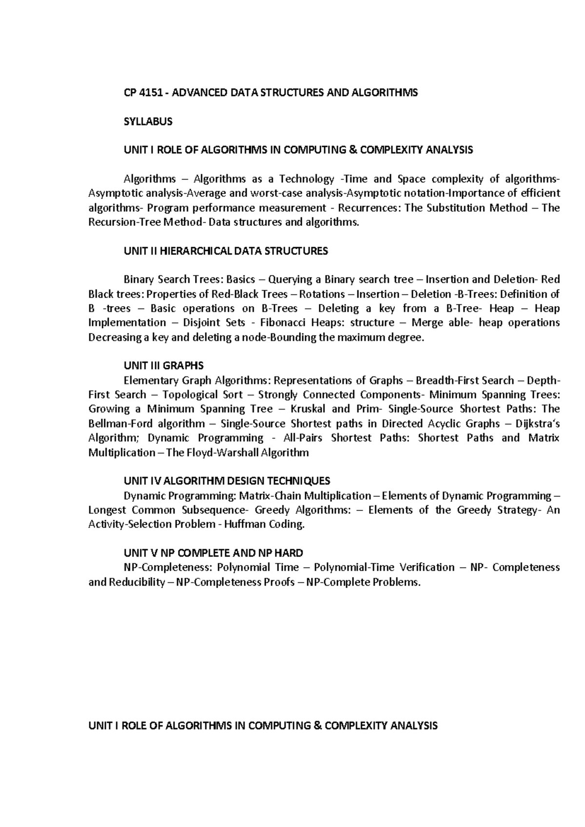 CP 4151 - Advanced Data Structures and Algorithms Notes (Units 1 & 2 ...